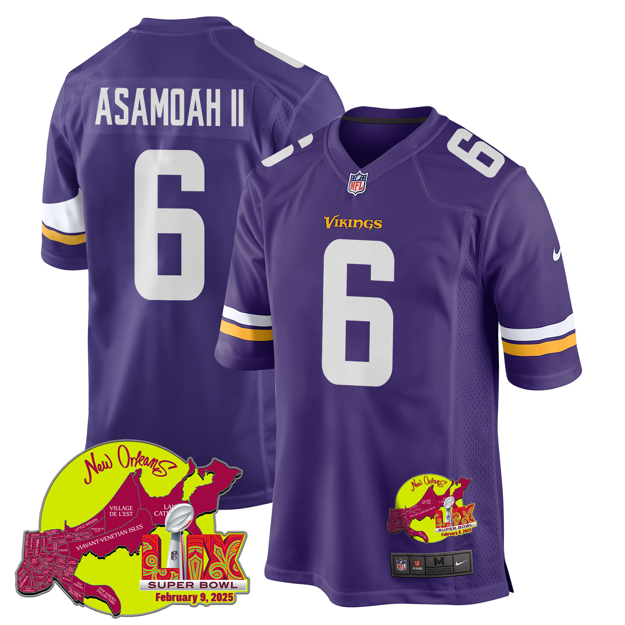 Brian Asamoah Ii 6 Minnesota Vikings Super Bowl Lix New Orleans Patch Game Men Jersey - Purple Js3110