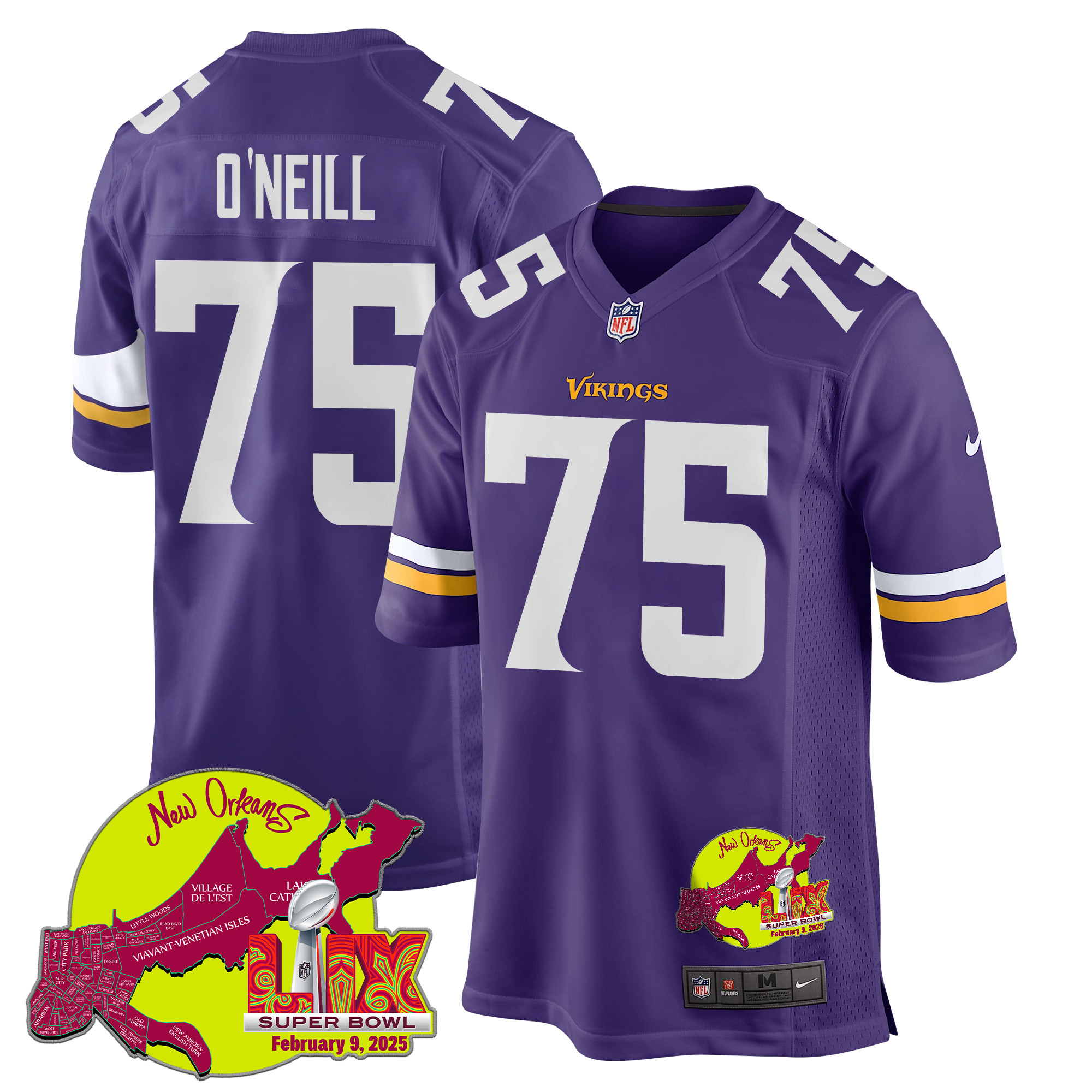 Brian O'neill 75 Minnesota Vikings Super Bowl Lix New Orleans Patch Game Men Jersey - Purple Js6846