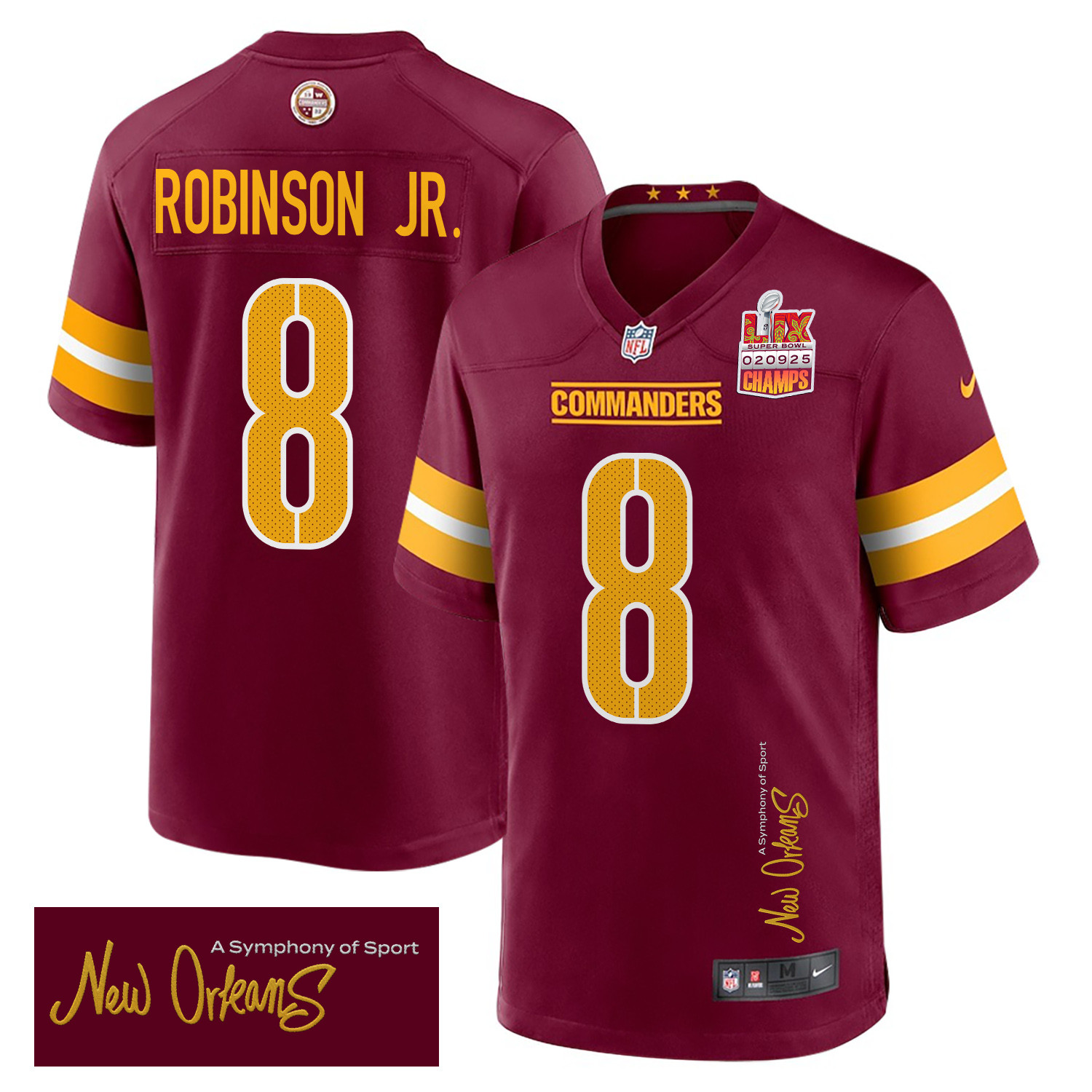 Brian Robinson Jr. 8 Washington Commanders Super Bowl Lix Champions Patch 'new Orleans - A Symphony Of Sport' Embroidered Game Men Jersey - Burgundy Js4040
