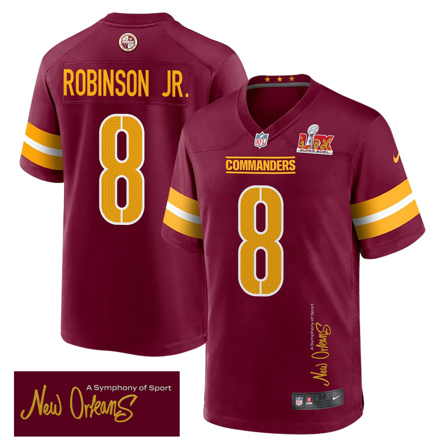 Brian Robinson Jr. 8 Washington Commanders Super Bowl Lix 'new Orleans - A Symphony Of Sport' Embroidered Game Men Jersey - Burgundy Js6836