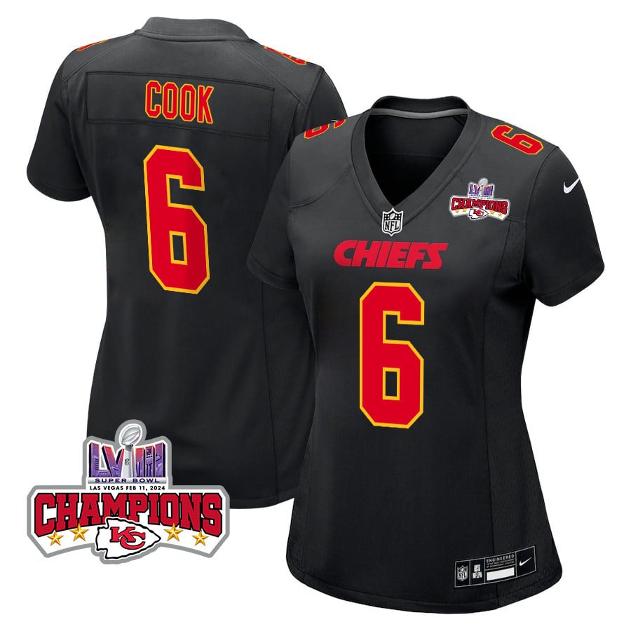 Bryan Cook 6 Kansas City Chiefs Super Bowl Lviii Champions 4 Stars Patch Fashion Game Women Jersey - Carbon Black Js5614