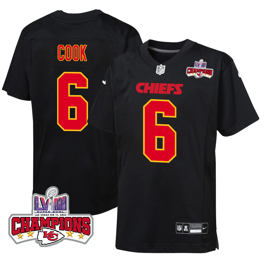 Bryan Cook 6 Kansas City Chiefs Super Bowl Lviii Champions 4 Stars Patch Fashion Game Youth Jersey - Carbon Black Js9066