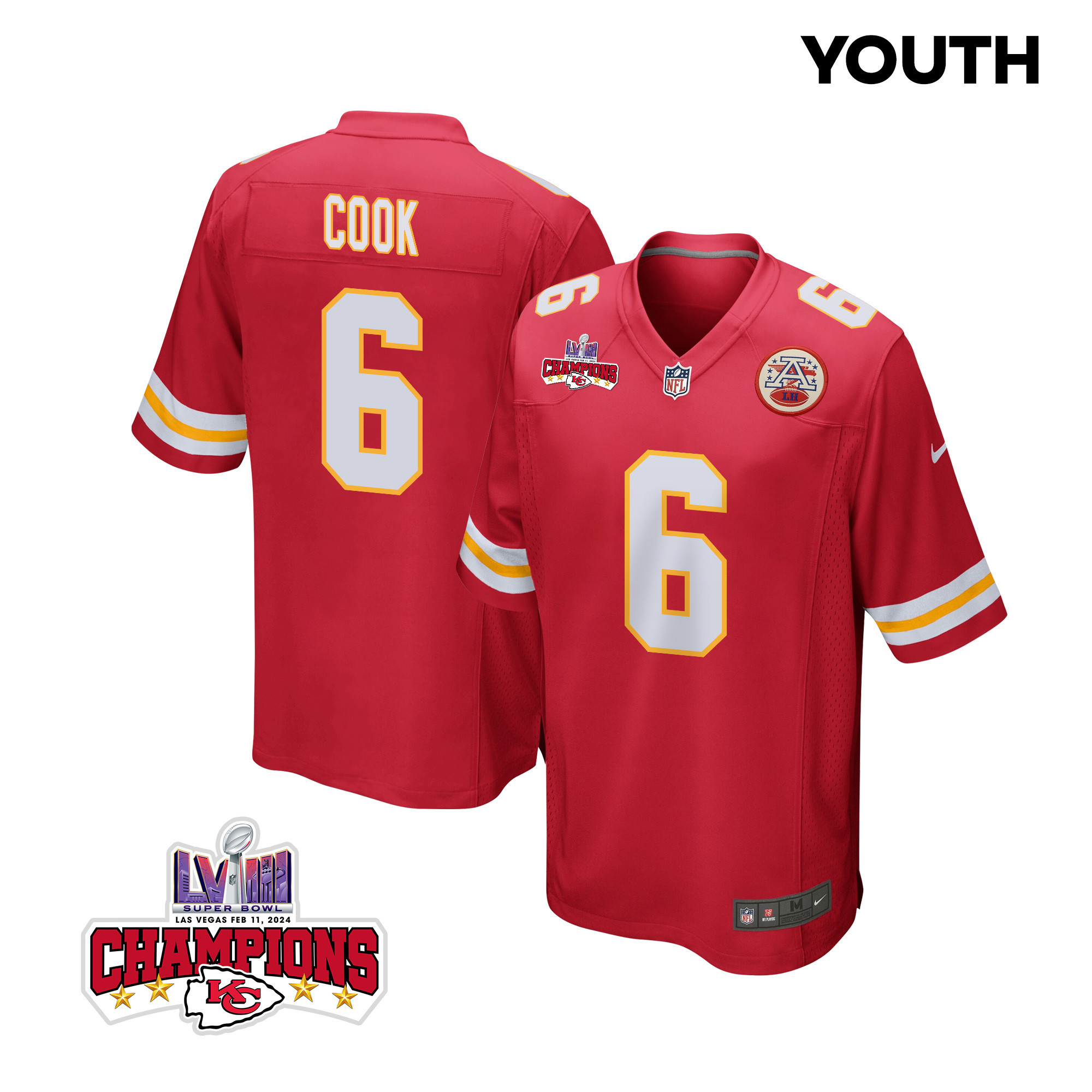 Bryan Cook 6 Kansas City Chiefs Super Bowl Lviii Champions 4 Stars Patch Game Youth Jersey - Red Js7307