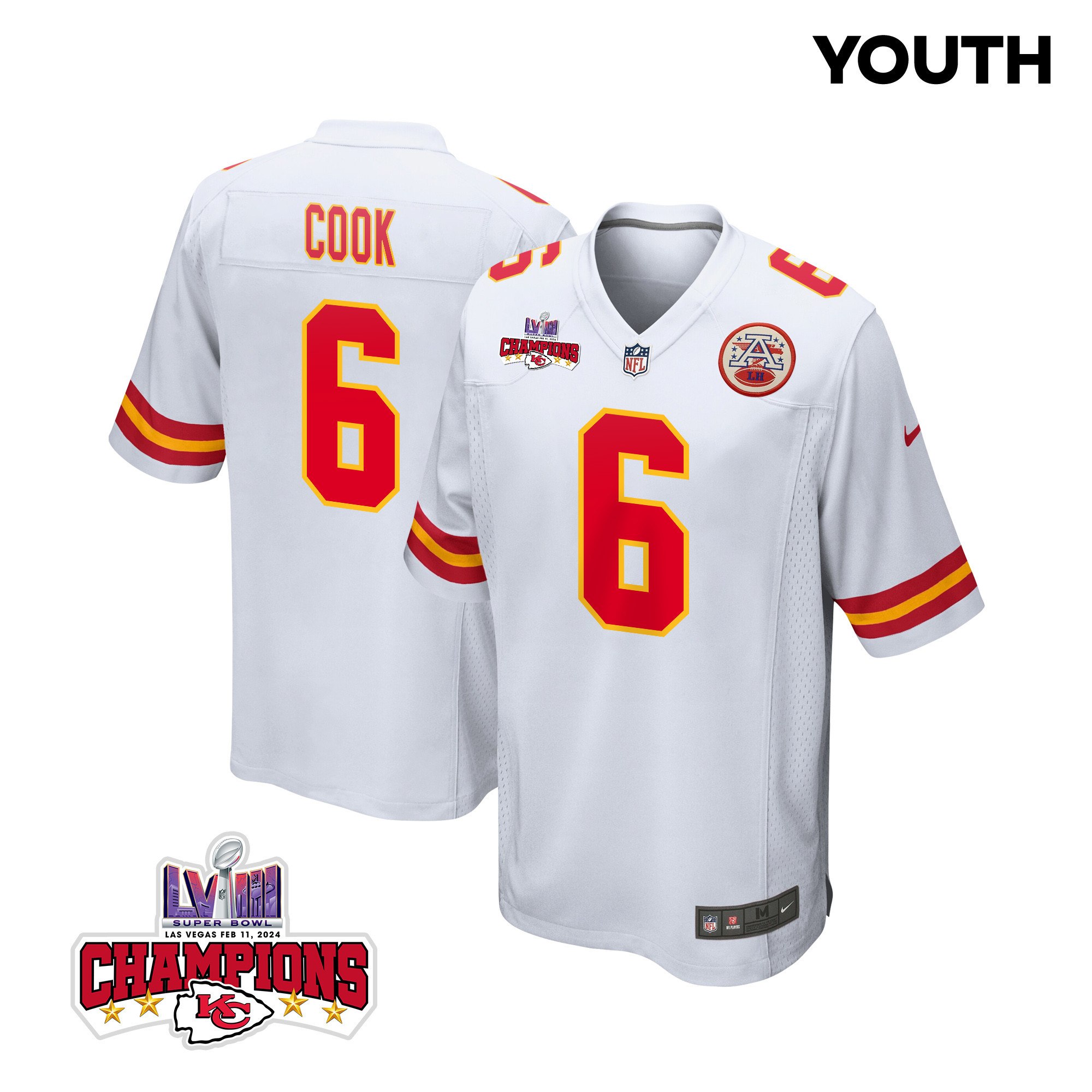 Bryan Cook 6 Kansas City Chiefs Super Bowl Lviii Champions 4 Stars Patch Game Youth Jersey - White Js5777