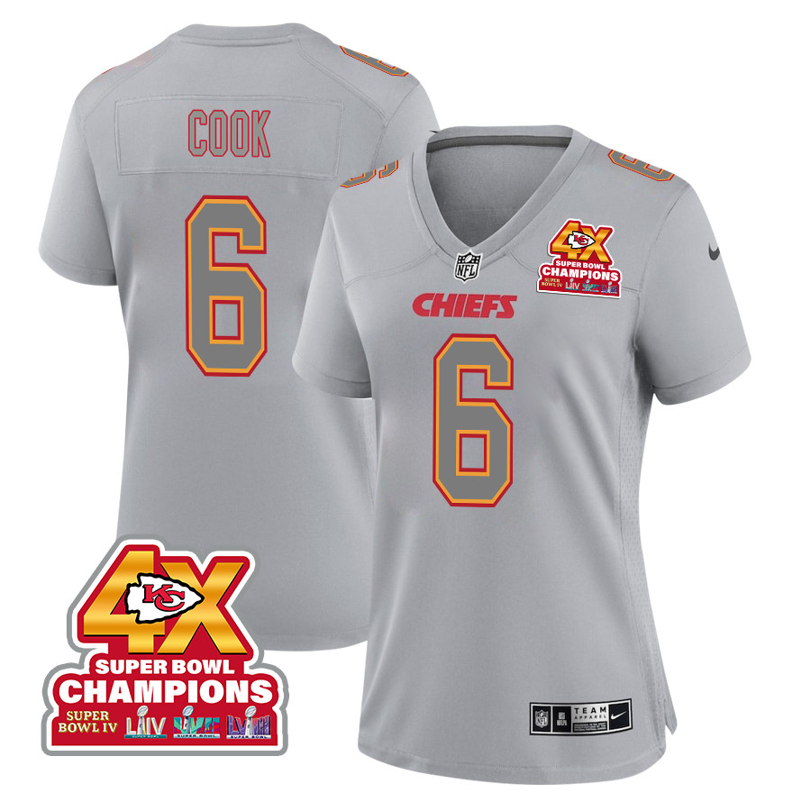 Bryan Cook 6 Kansas City Chiefs Super Bowl Lviii Champions 4x Atmosphere Fashion Game Women Jersey - Gray Js8716