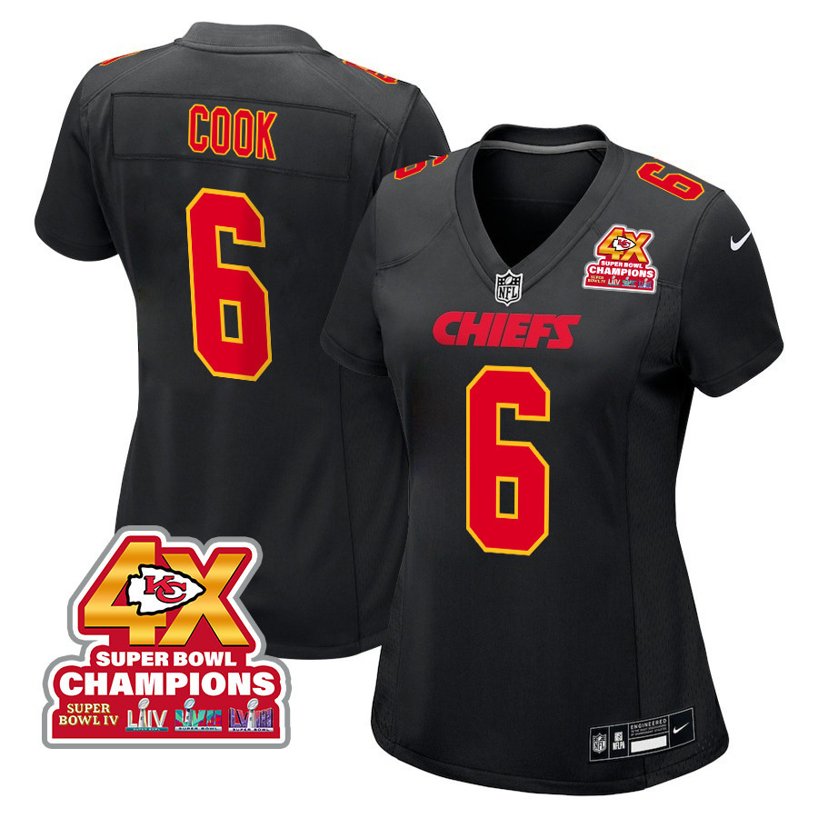 Bryan Cook 6 Kansas City Chiefs Super Bowl Lviii Champions 4x Fashion Game Women Jersey - Carbon Black Js7339