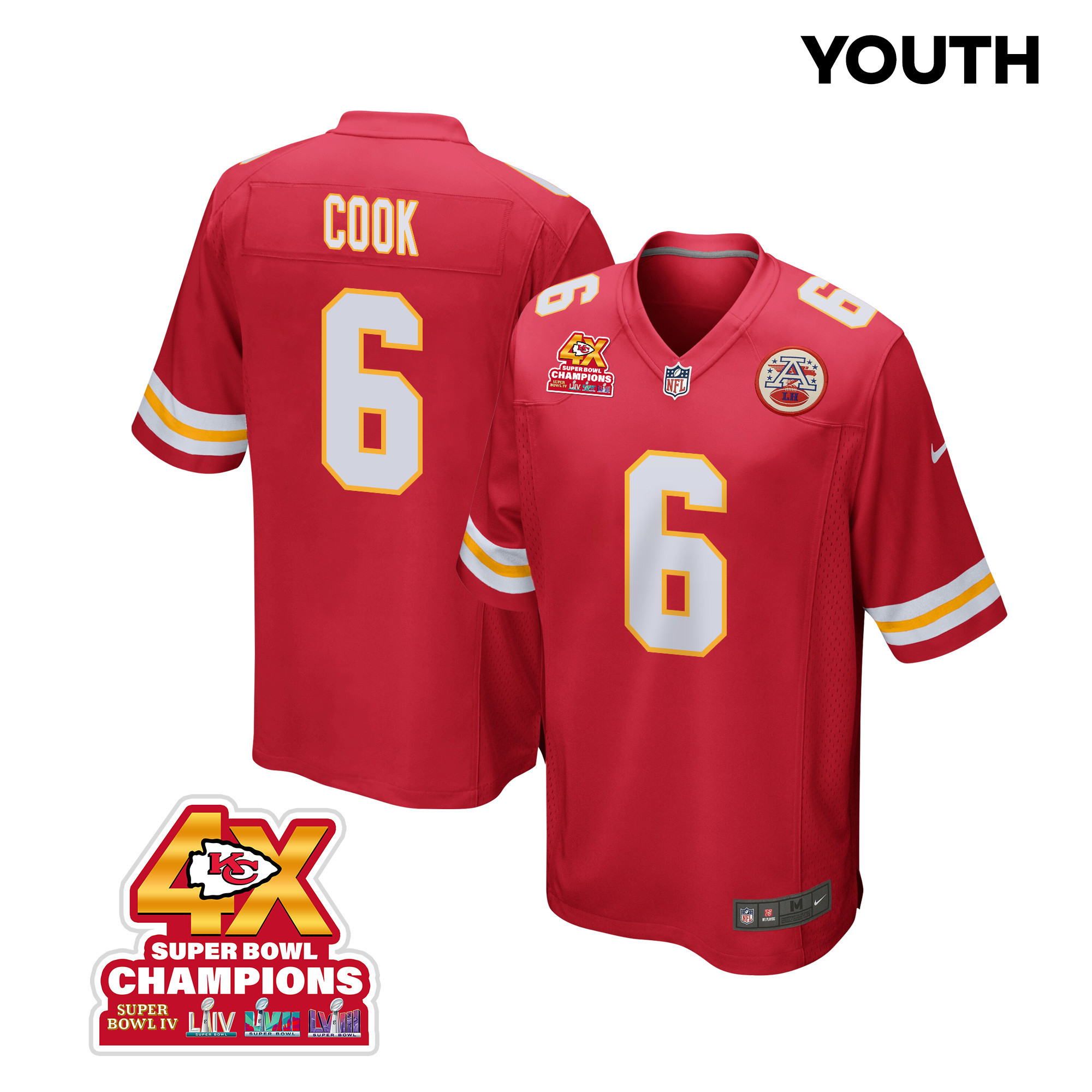 Bryan Cook 6 Kansas City Chiefs Super Bowl Lviii Champions 4x Game Youth Jersey - Red Js3495