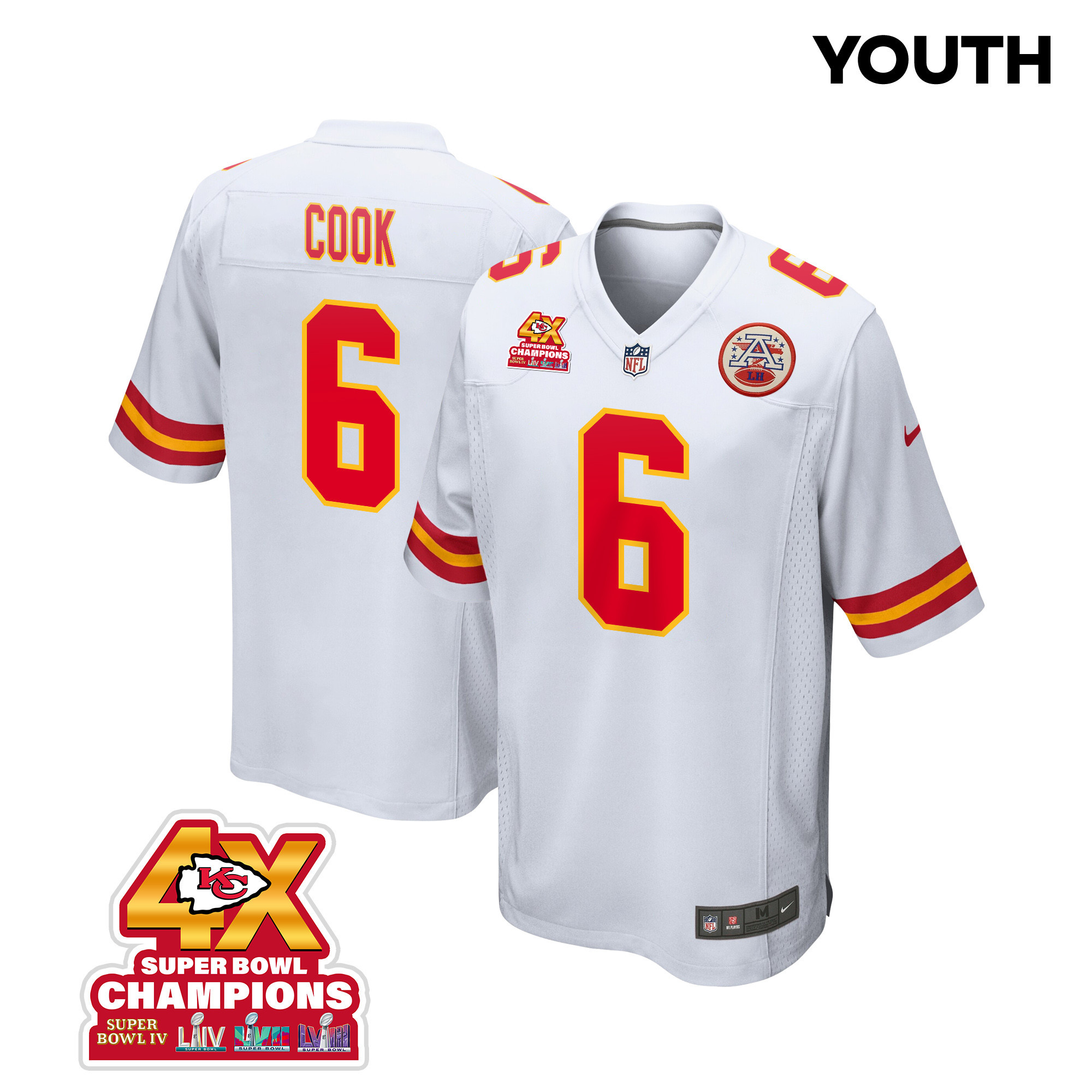 Bryan Cook 6 Kansas City Chiefs Super Bowl Lviii Champions 4x Game Youth Jersey - White Js8940