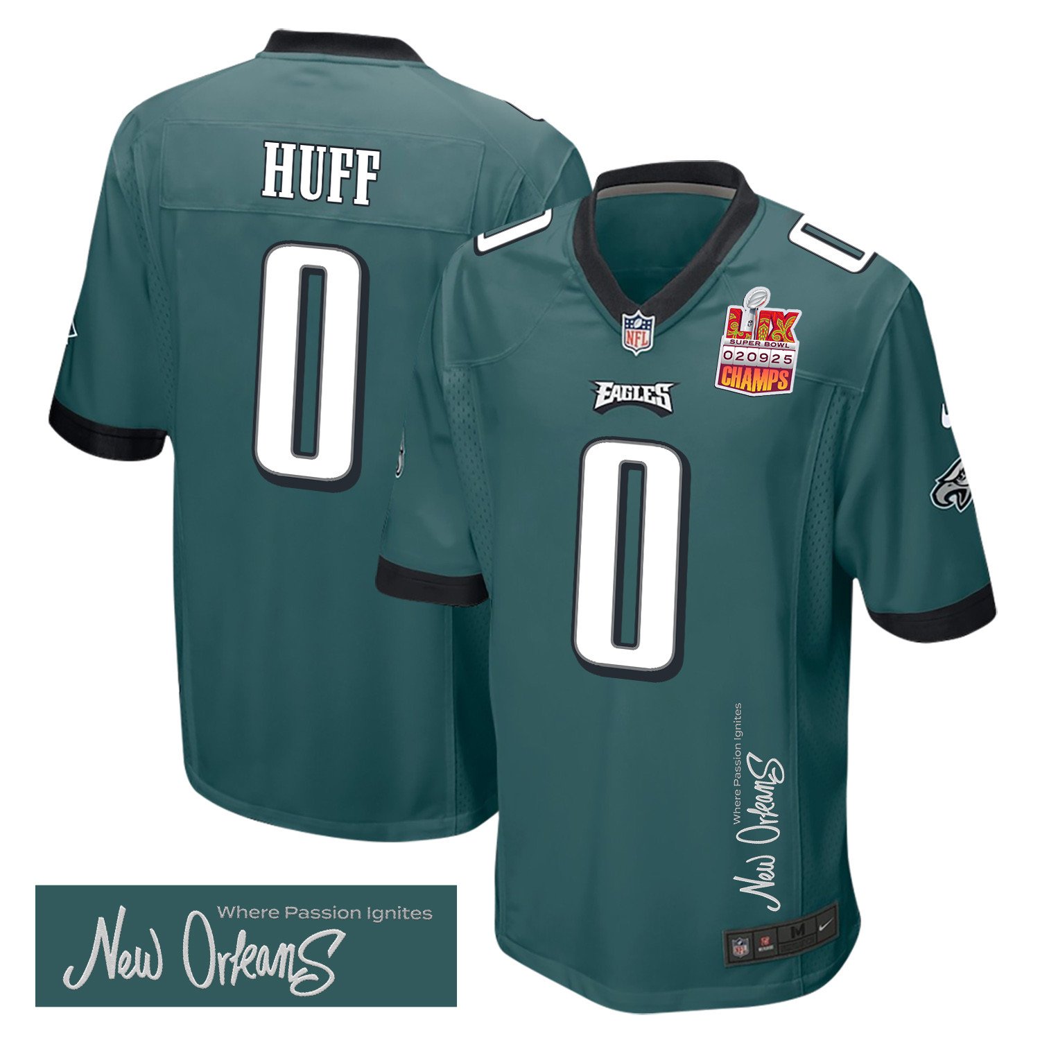 Bryce Huff 0 Philadelphia Eagles Super Bowl Lix Champions Patch 'new Orleans - Where Passion Ignites' Embroidered Game Men Jersey - Midnight Green Js3494