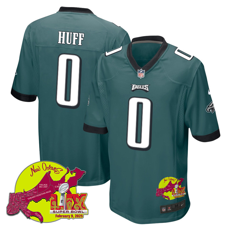Bryce Huff 0 Philadelphia Eagles Super Bowl Lix New Orleans Patch Game Men Jersey - Midnight Green Js6102