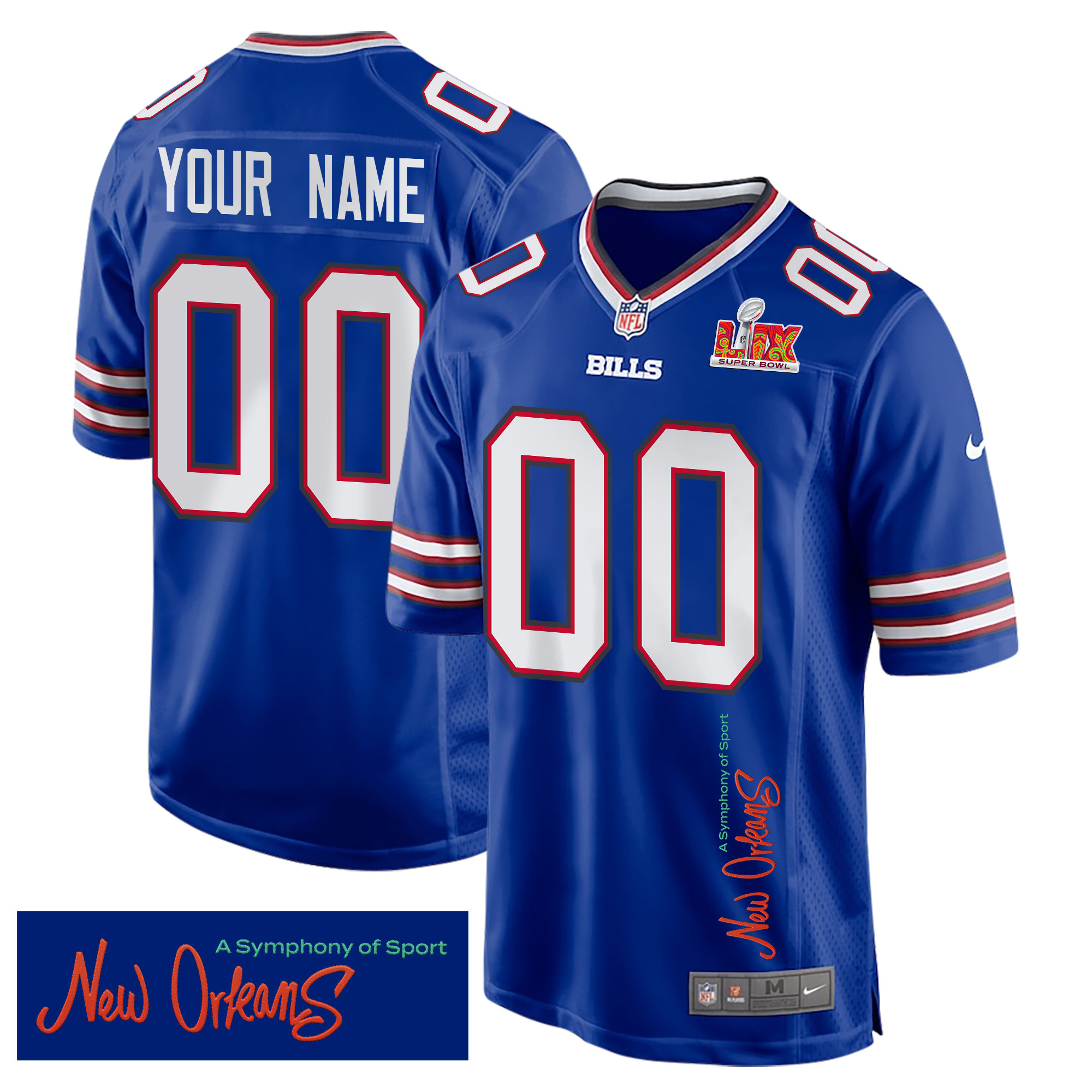 Buffalo Bills Super Bowl Lix 'new Orleans - A Symphony Of Sport' Embroidered Game Men Custom Jersey - Royal Js1959