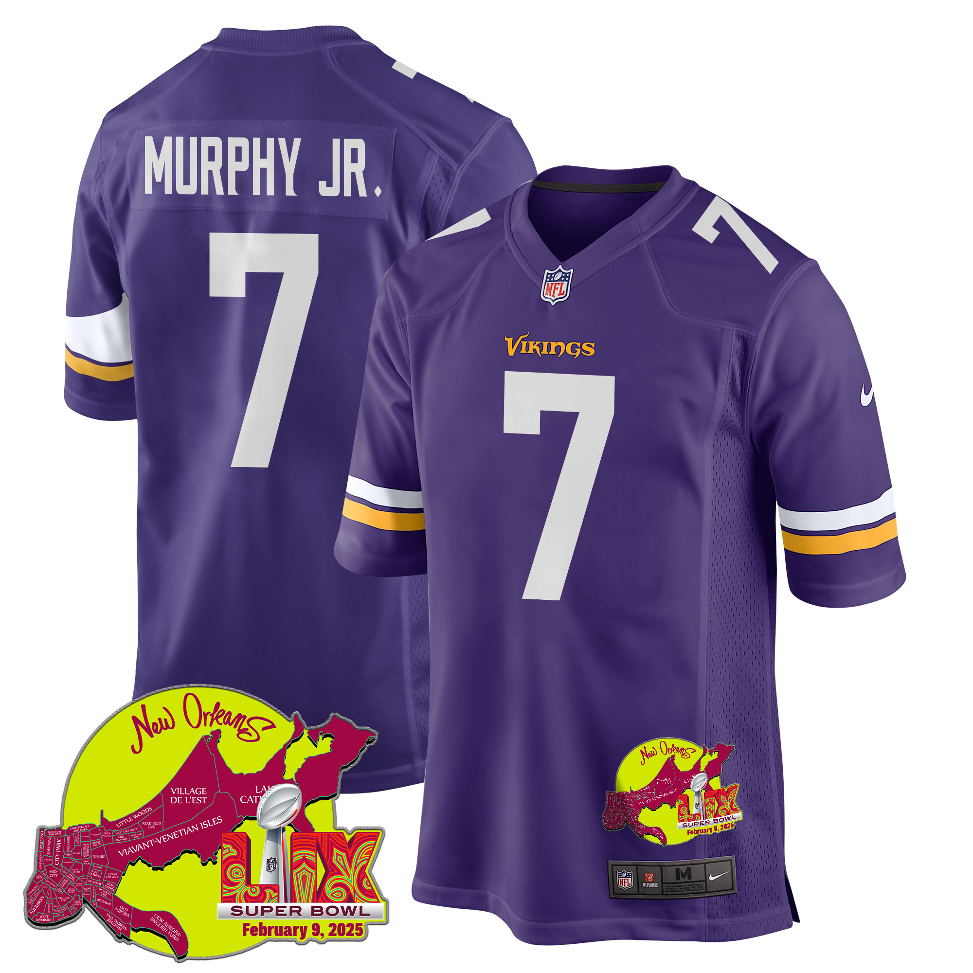 Byron Murphy Jr. 7 Minnesota Vikings Super Bowl Lix New Orleans Patch Game Men Jersey - Purple Js3134
