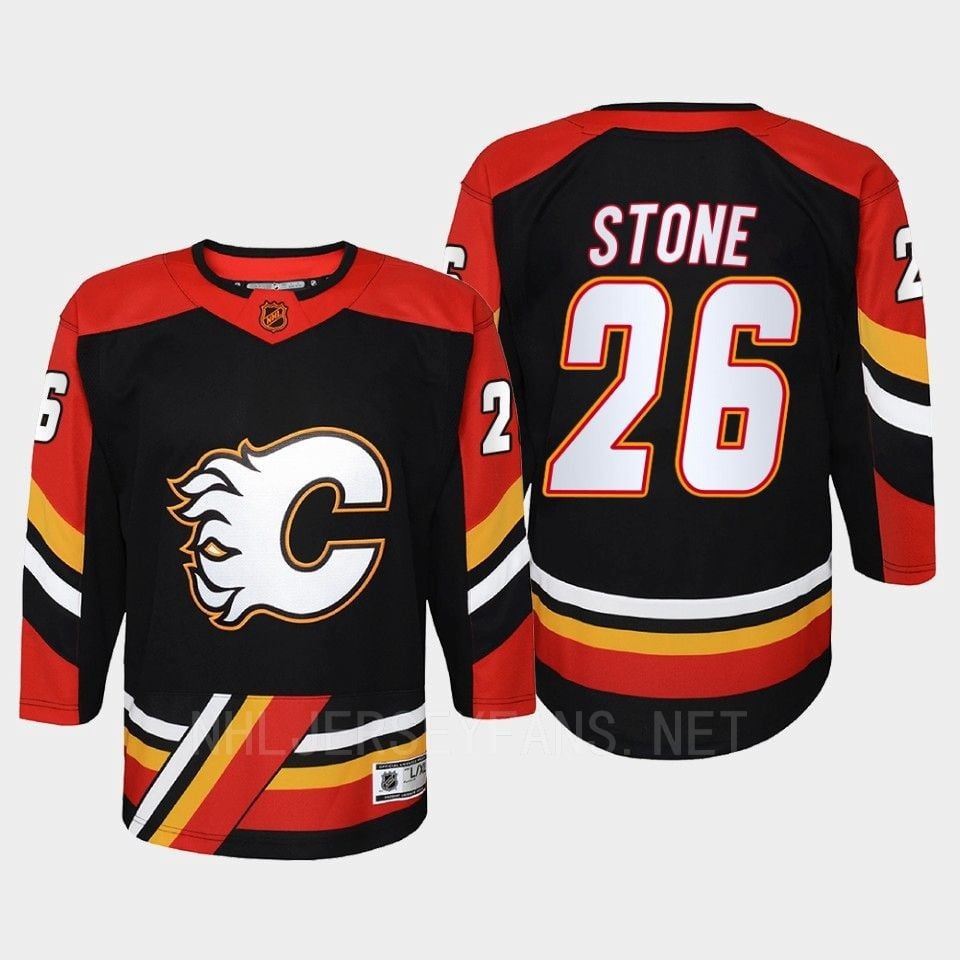 Calgary Flames 26 Michael Stone Reverse Retro Black Equipment, Youth