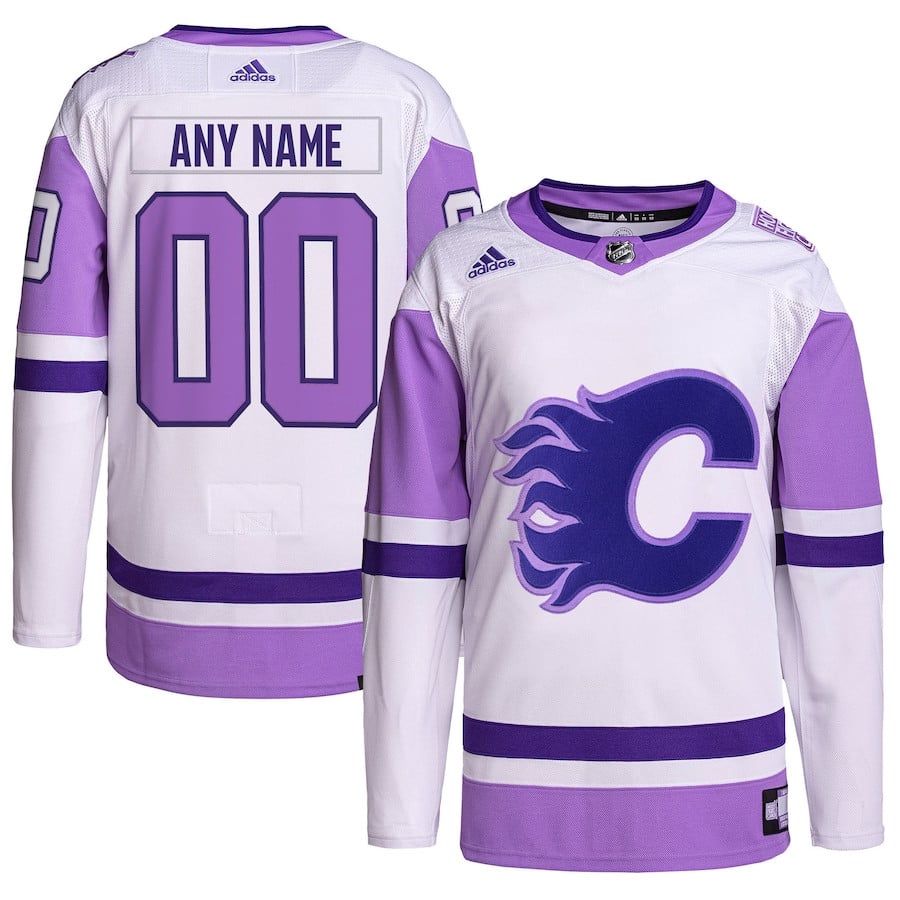 Calgary Flames Hockey Fights Cancer Primegreen Custom Men Jersey - White/purple
