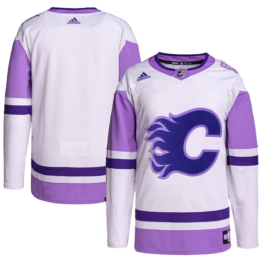 Calgary Flames Hockey Fights Cancer Primegreen Men Jersey - White/purple