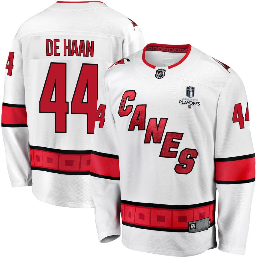 Calvin De Haan 44 Carolina Hurricanes Stanley Cup 2023 Playoffs Patch Away Breakaway Men Jersey - White