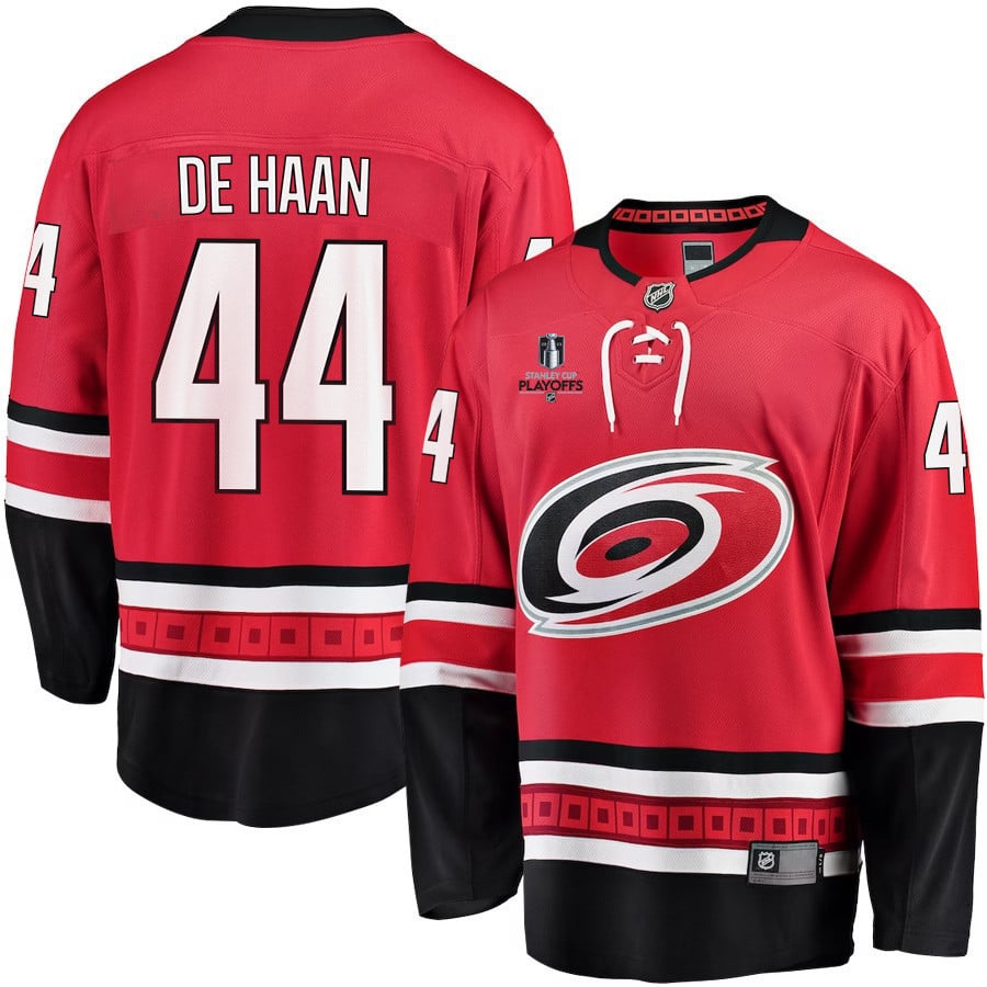 Calvin De Haan 44 Carolina Hurricanes Stanley Cup 2023 Playoffs Patch Home Breakaway Men Jersey - Red