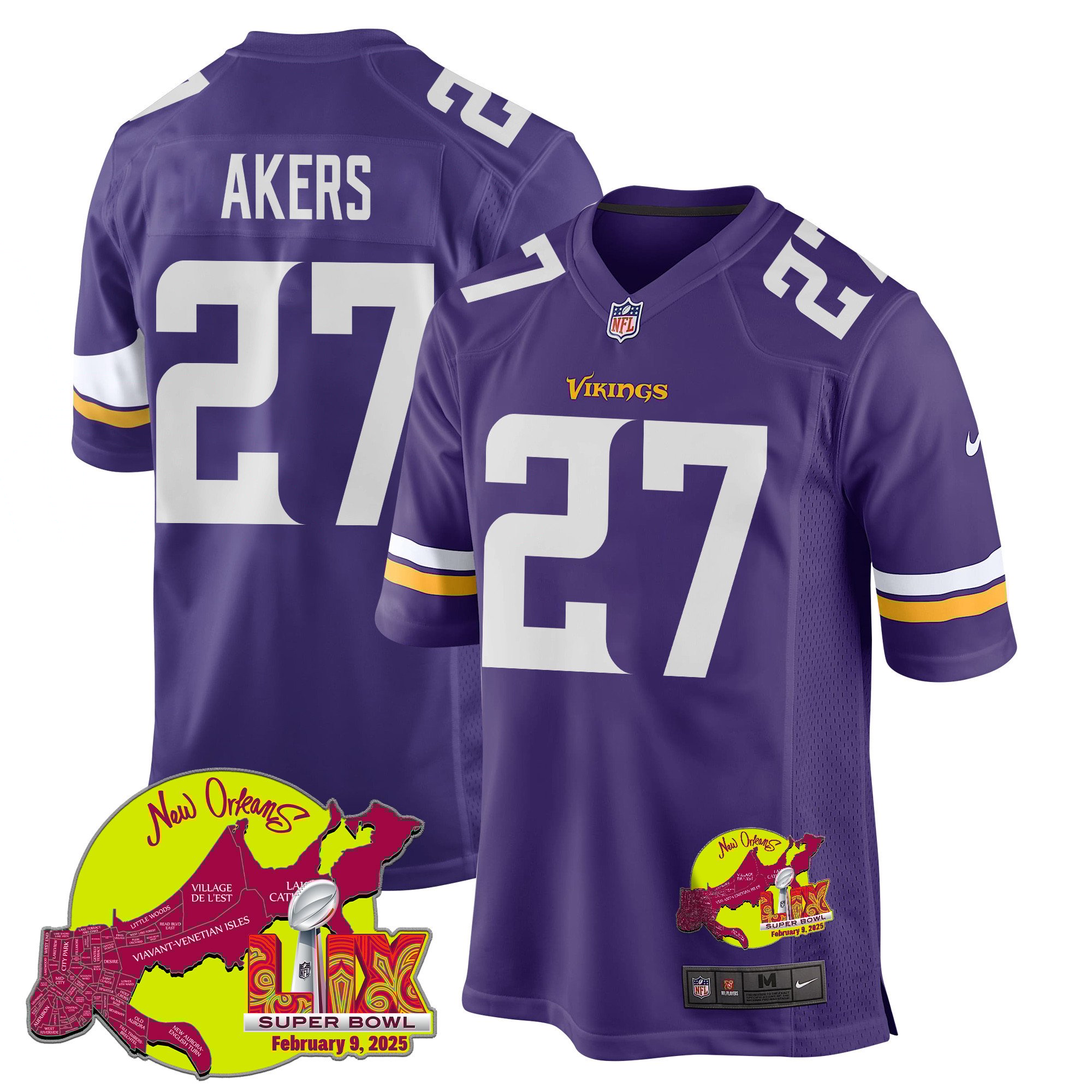Cam Akers 27 Minnesota Vikings Super Bowl Lix New Orleans Patch Game Men Jersey - Purple Js9387