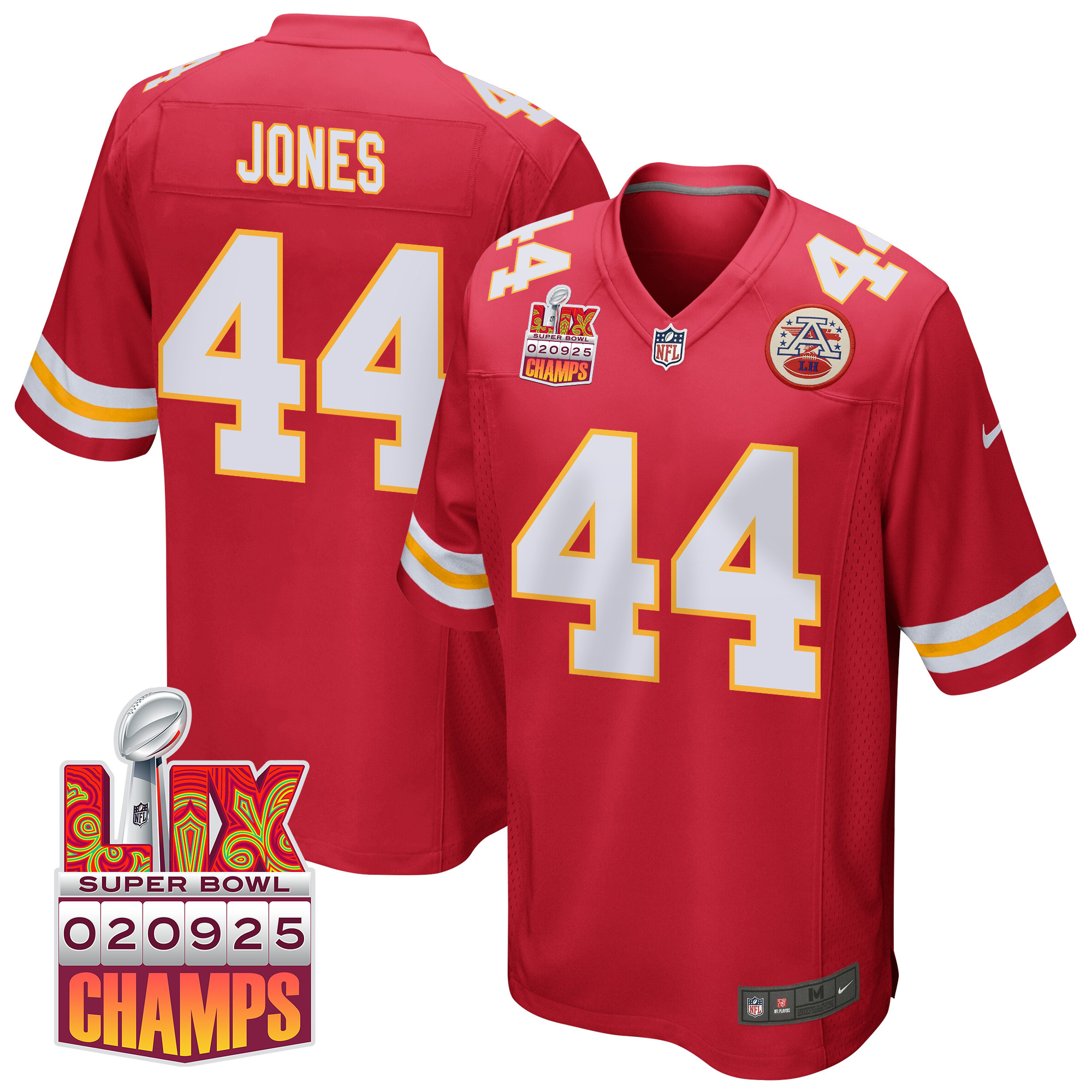 Cam Jones 44 Kansas City Chiefs Super Bowl Lix Champions Patch Game Men Jersey - Red Js7498