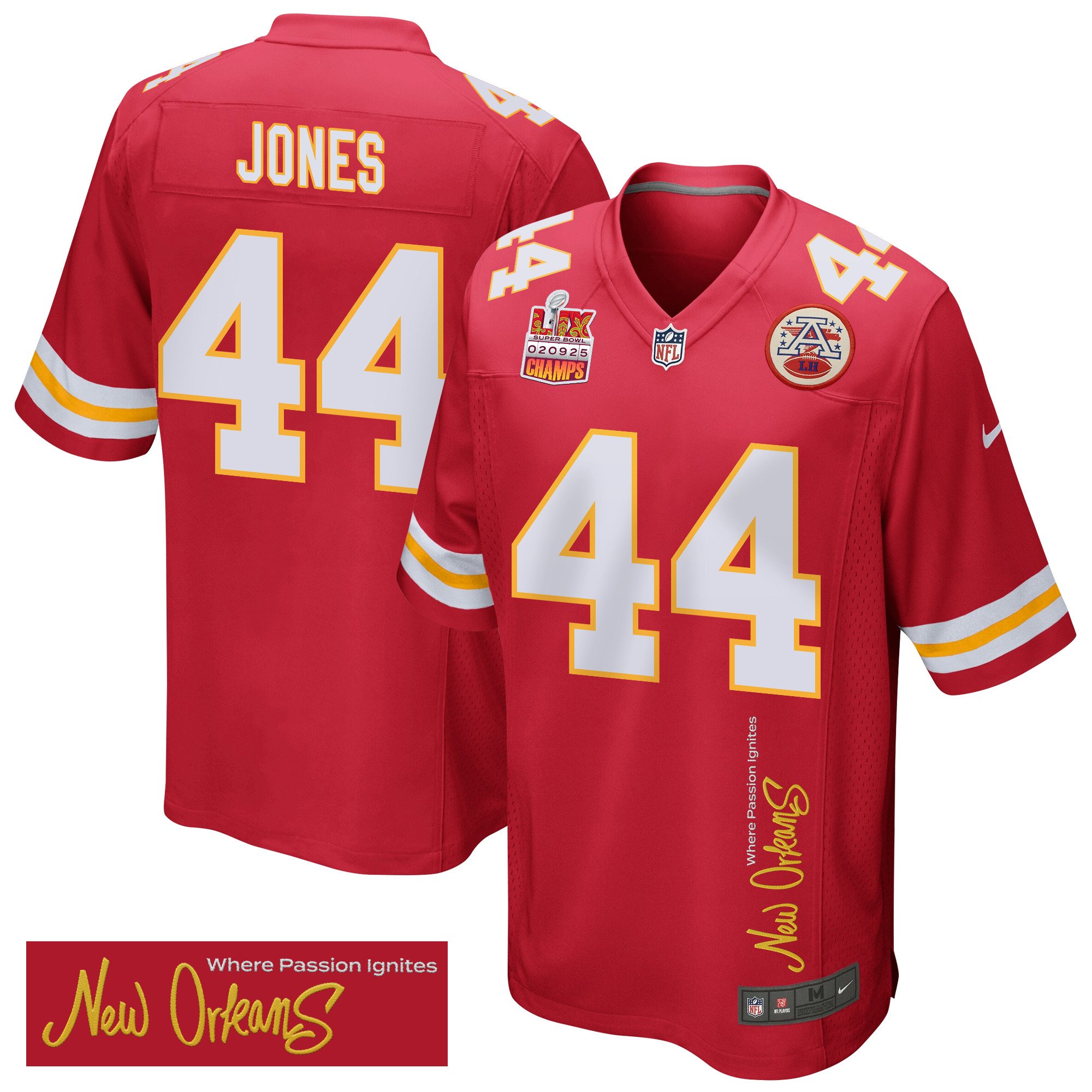 Cam Jones 44 Kansas City Chiefs Super Bowl Lix Champions Patch 'new Orleans - Where Passion Ignites' Embroidered Game Men Jersey - Red Js3997