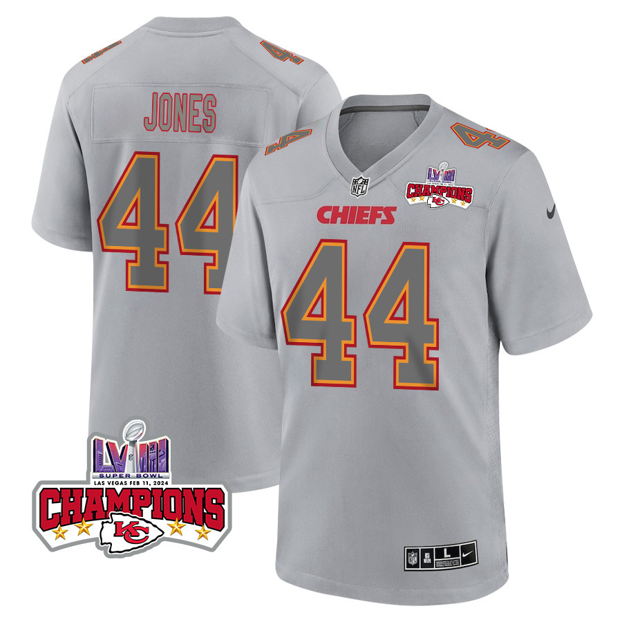 Cam Jones 44 Kansas City Chiefs Super Bowl Lviii Champions 4 Stars Patch Atmosphere Fashion Game Men Jersey - Gray Js1701