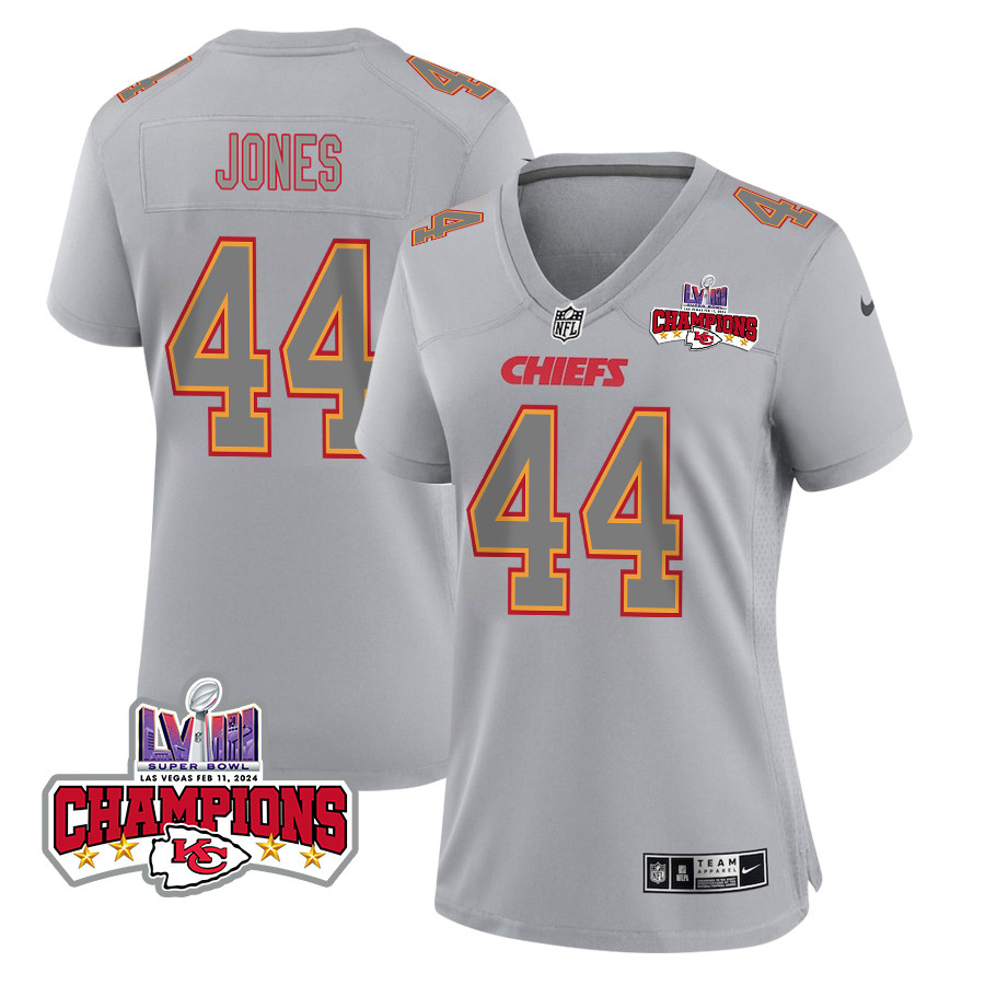 Cam Jones 44 Kansas City Chiefs Super Bowl Lviii Champions 4 Stars Patch Atmosphere Fashion Game Women Jersey - Gray Js4230