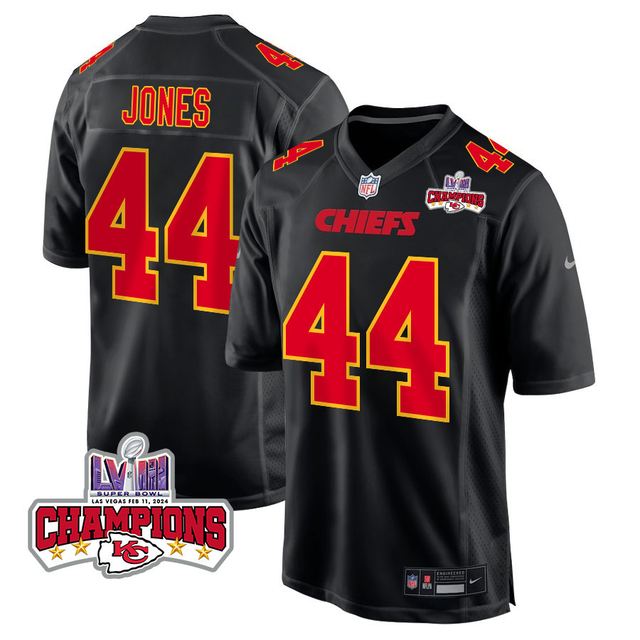 Cam Jones 44 Kansas City Chiefs Super Bowl Lviii Champions 4 Stars Patch Fashion Game Men Jersey - Carbon Black Js4493