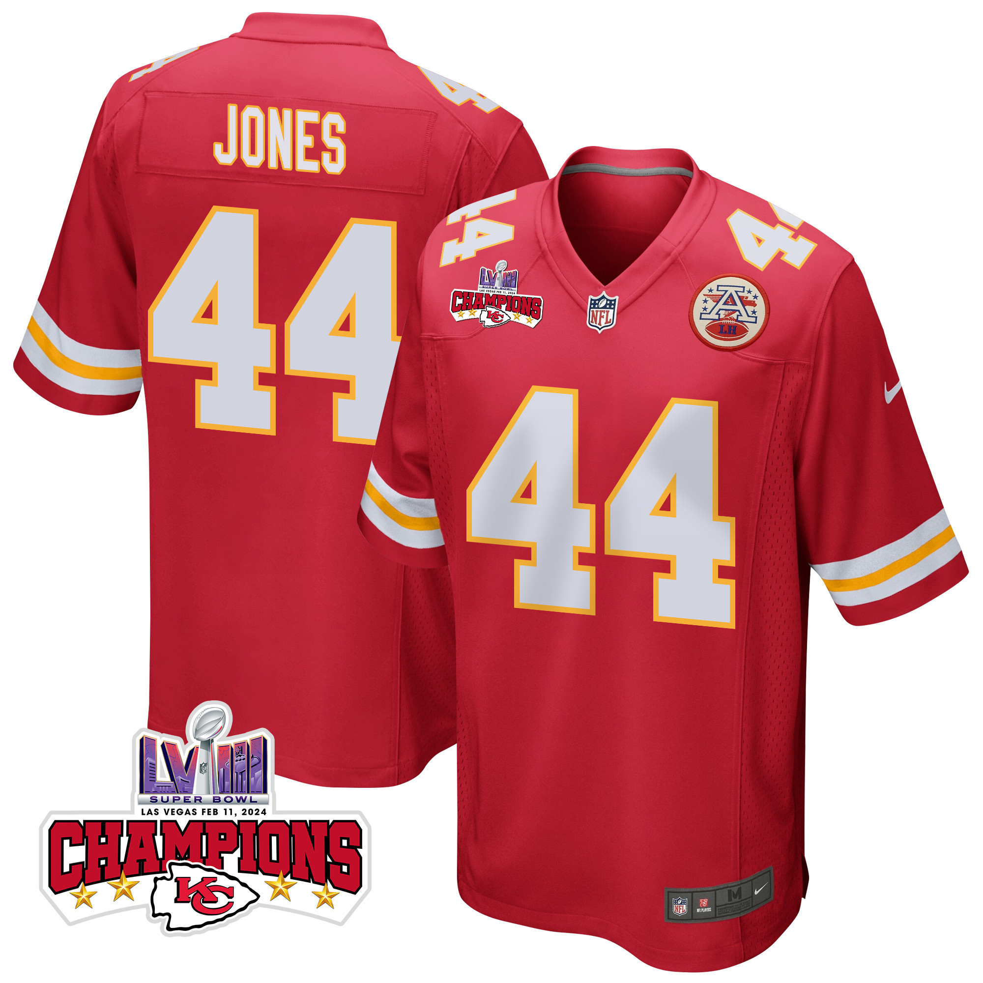 Cam Jones 44 Kansas City Chiefs Super Bowl Lviii Champions 4 Stars Patch Game Men Jersey - Red Js3395