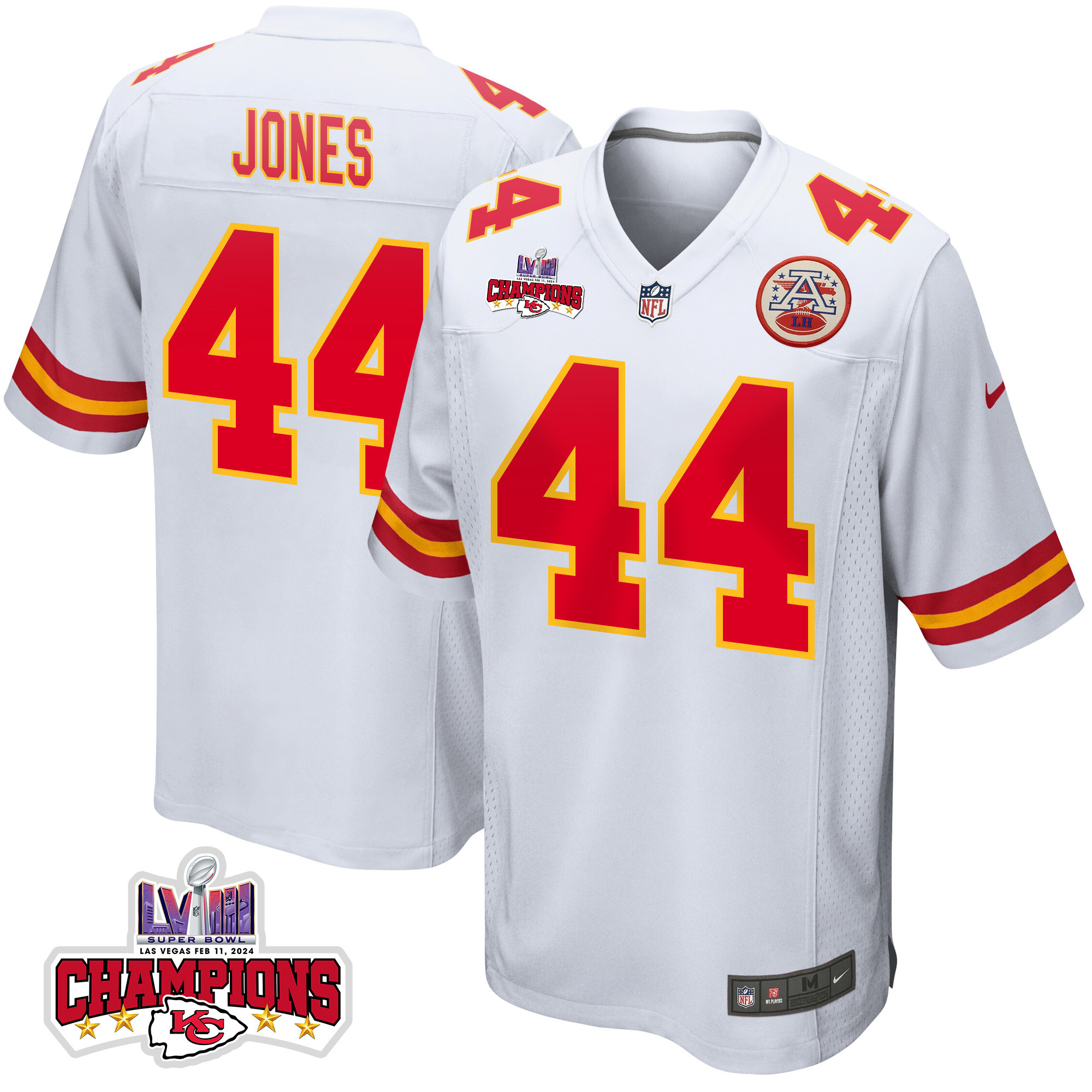 Cam Jones 44 Kansas City Chiefs Super Bowl Lviii Champions 4 Stars Patch Game Men Jersey - White Js5977