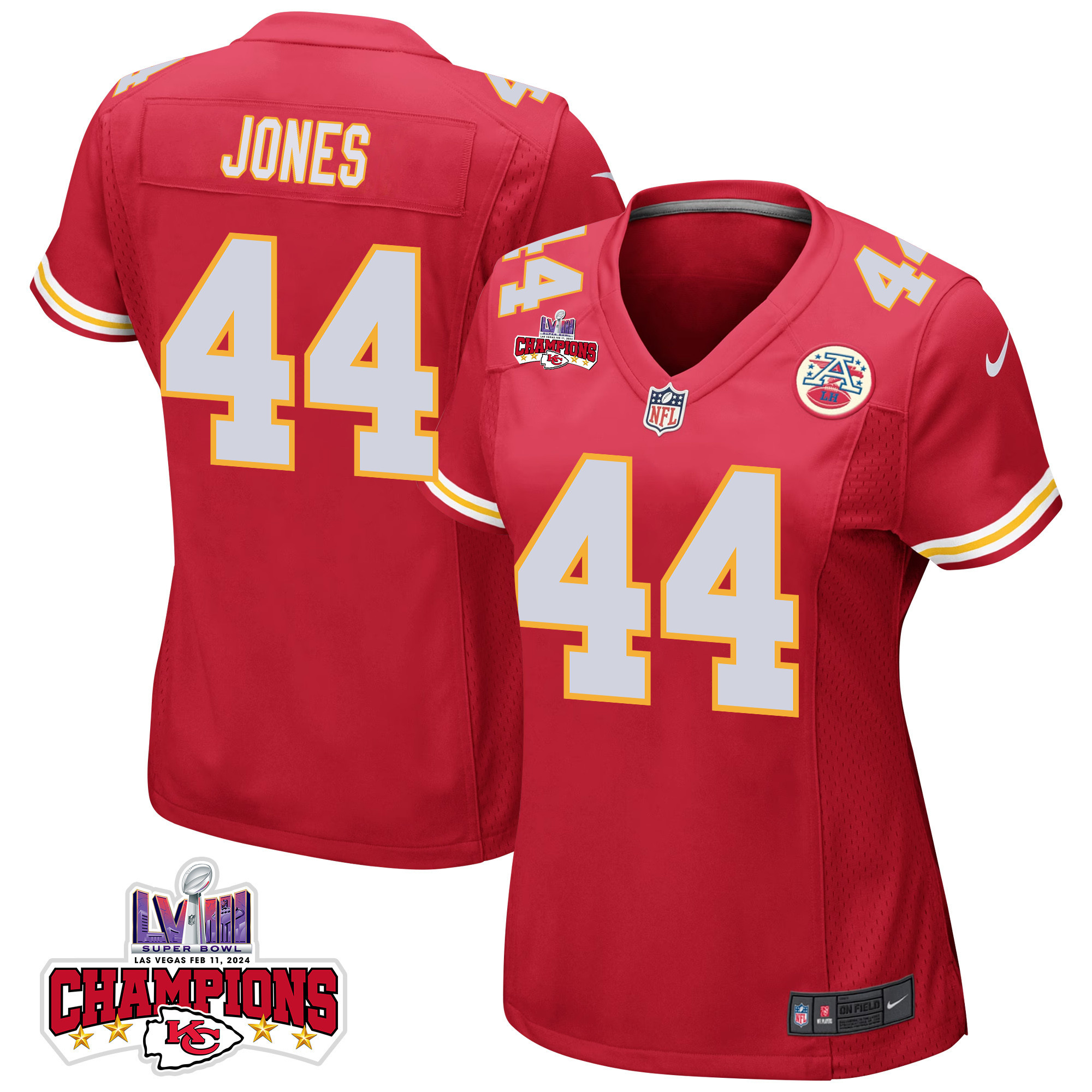 Cam Jones 44 Kansas City Chiefs Super Bowl Lviii Champions 4 Stars Patch Game Women Jersey - Red Js1337