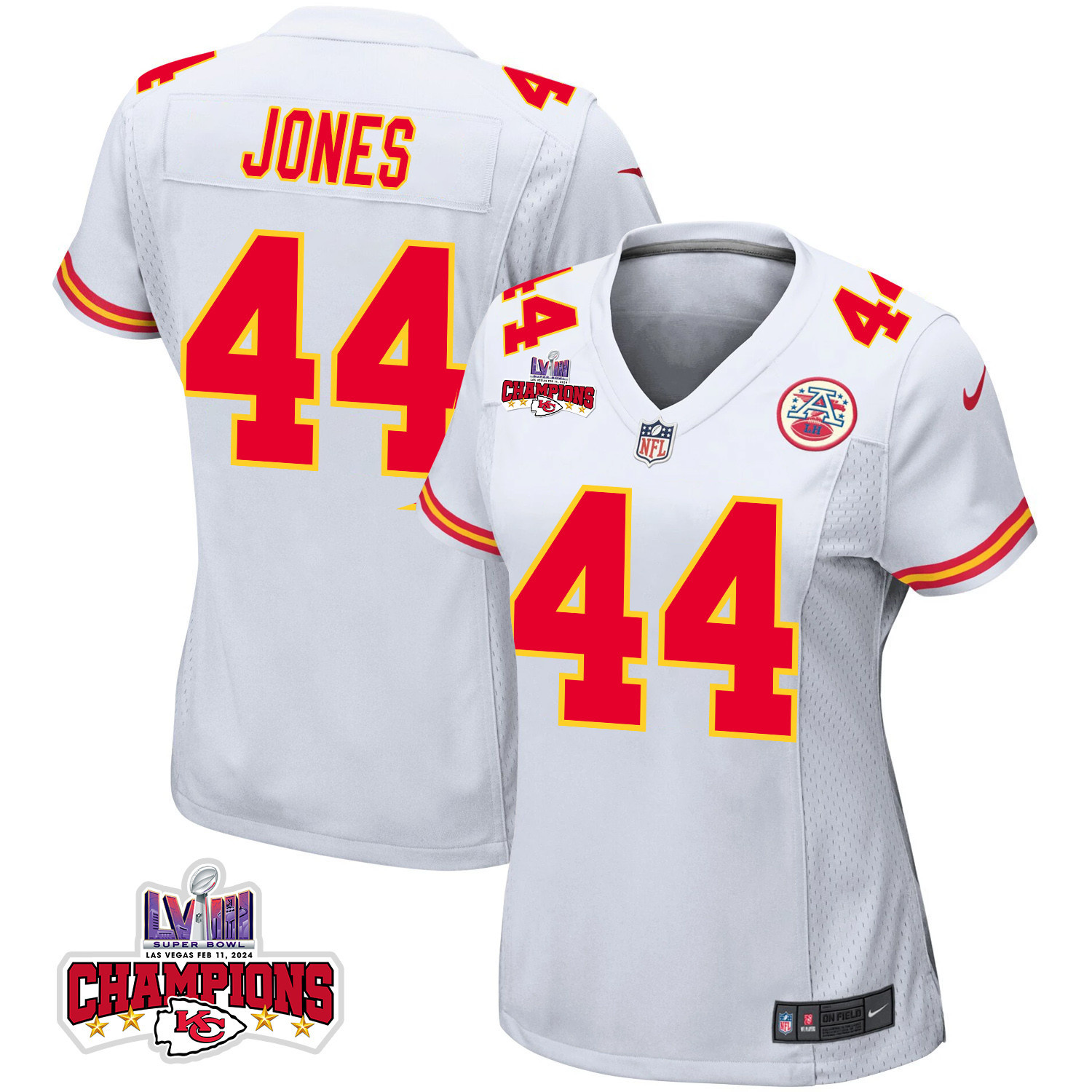 Cam Jones 44 Kansas City Chiefs Super Bowl Lviii Champions 4 Stars Patch Game Women Jersey - White Js1322