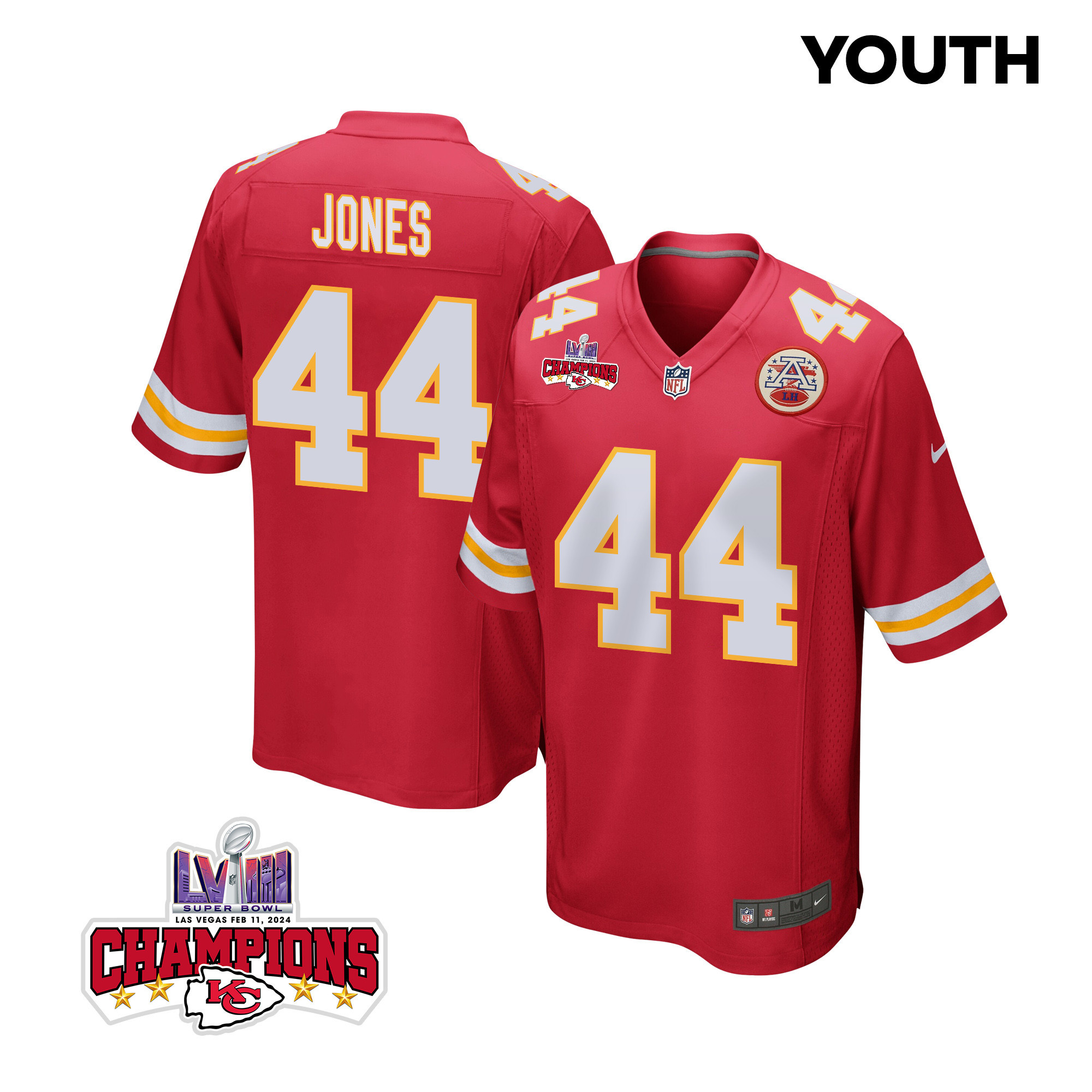 Cam Jones 44 Kansas City Chiefs Super Bowl Lviii Champions 4 Stars Patch Game Youth Jersey - Red Js4247