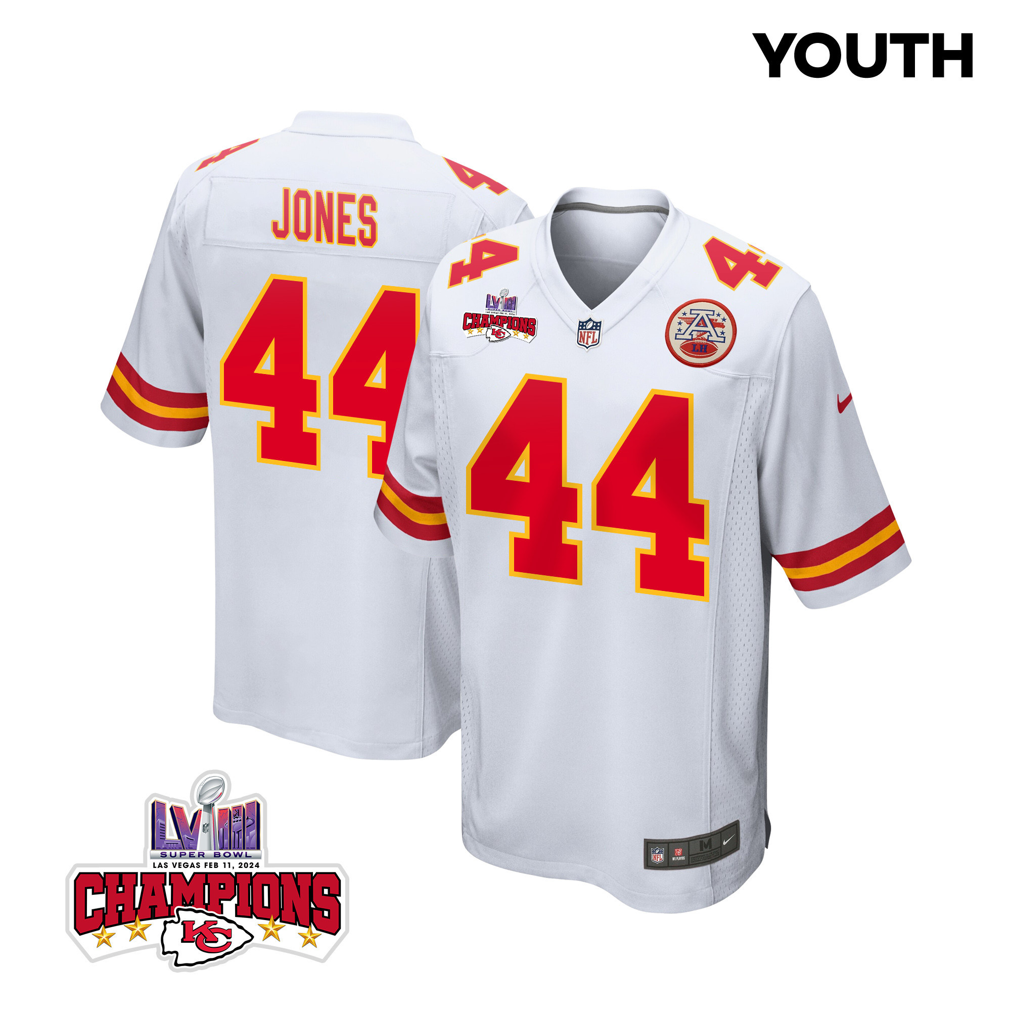 Cam Jones 44 Kansas City Chiefs Super Bowl Lviii Champions 4 Stars Patch Game Youth Jersey - White Js8859