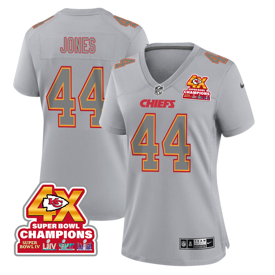 Cam Jones 44 Kansas City Chiefs Super Bowl Lviii Champions 4x Atmosphere Fashion Game Women Jersey - Gray Js7037