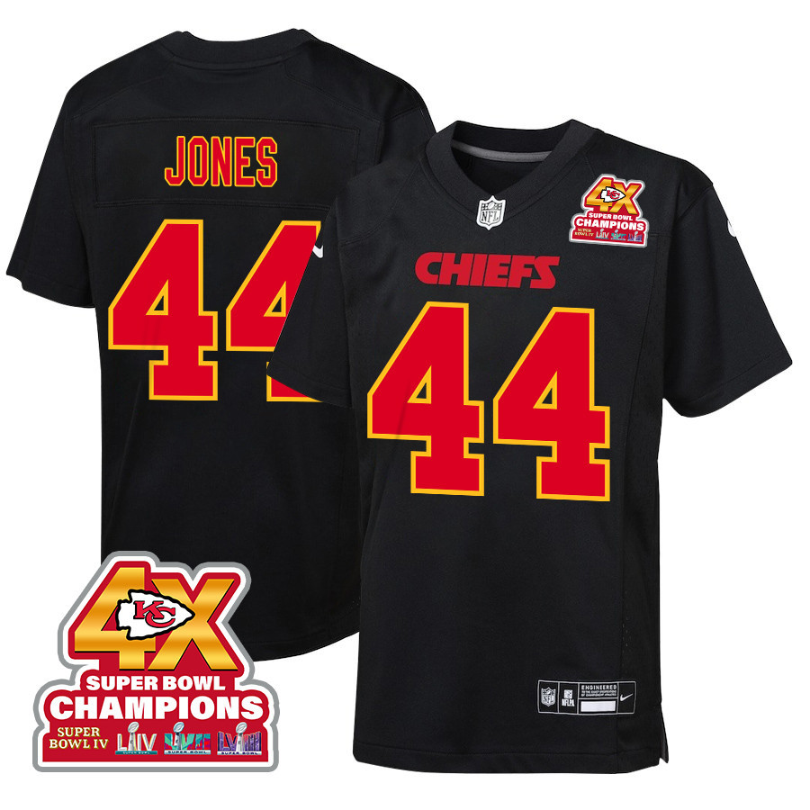 Cam Jones 44 Kansas City Chiefs Super Bowl Lviii Champions 4x Fashion Game Youth Jersey - Carbon Black Js3693