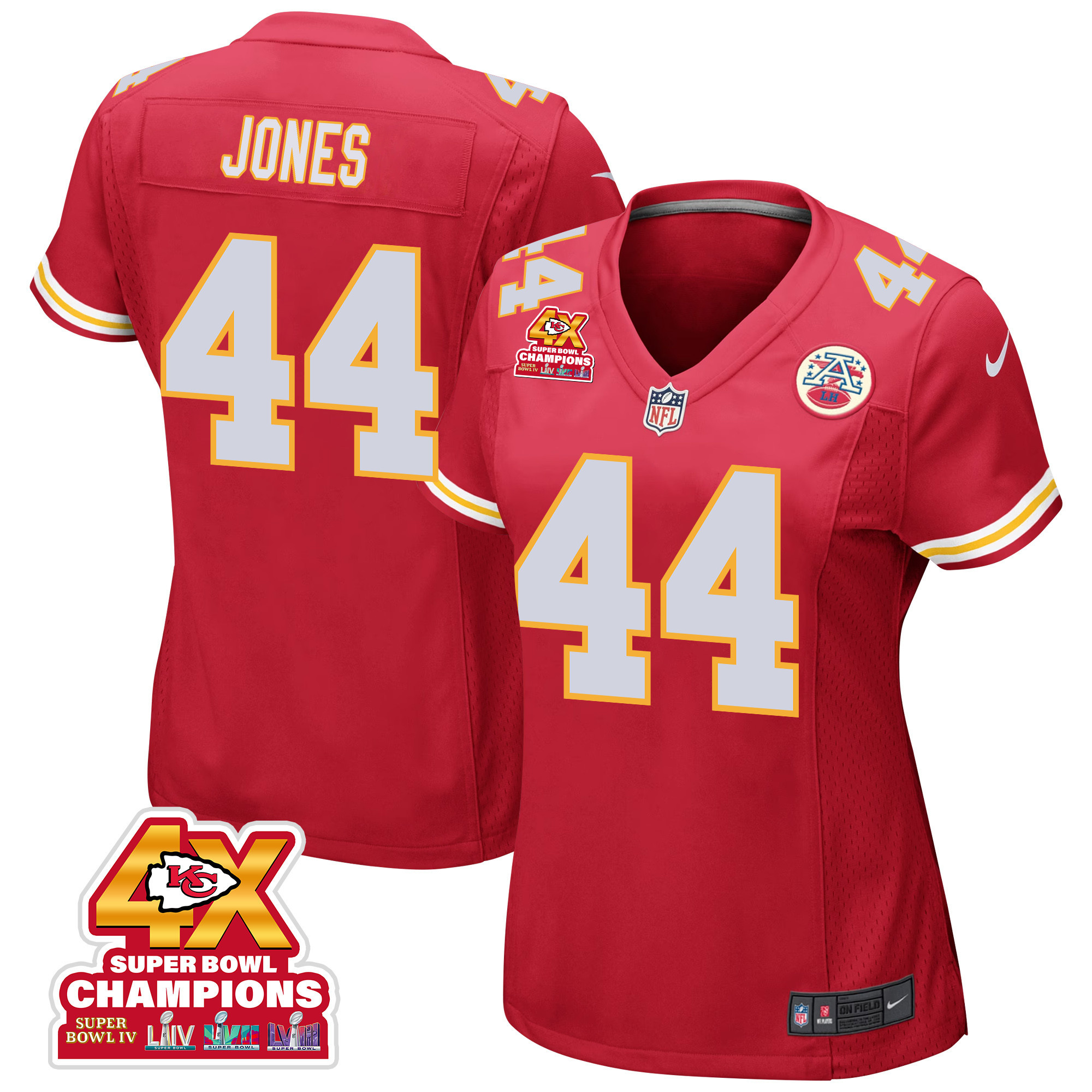 Cam Jones 44 Kansas City Chiefs Super Bowl Lviii Champions 4x Game Women Jersey - Red Js9867