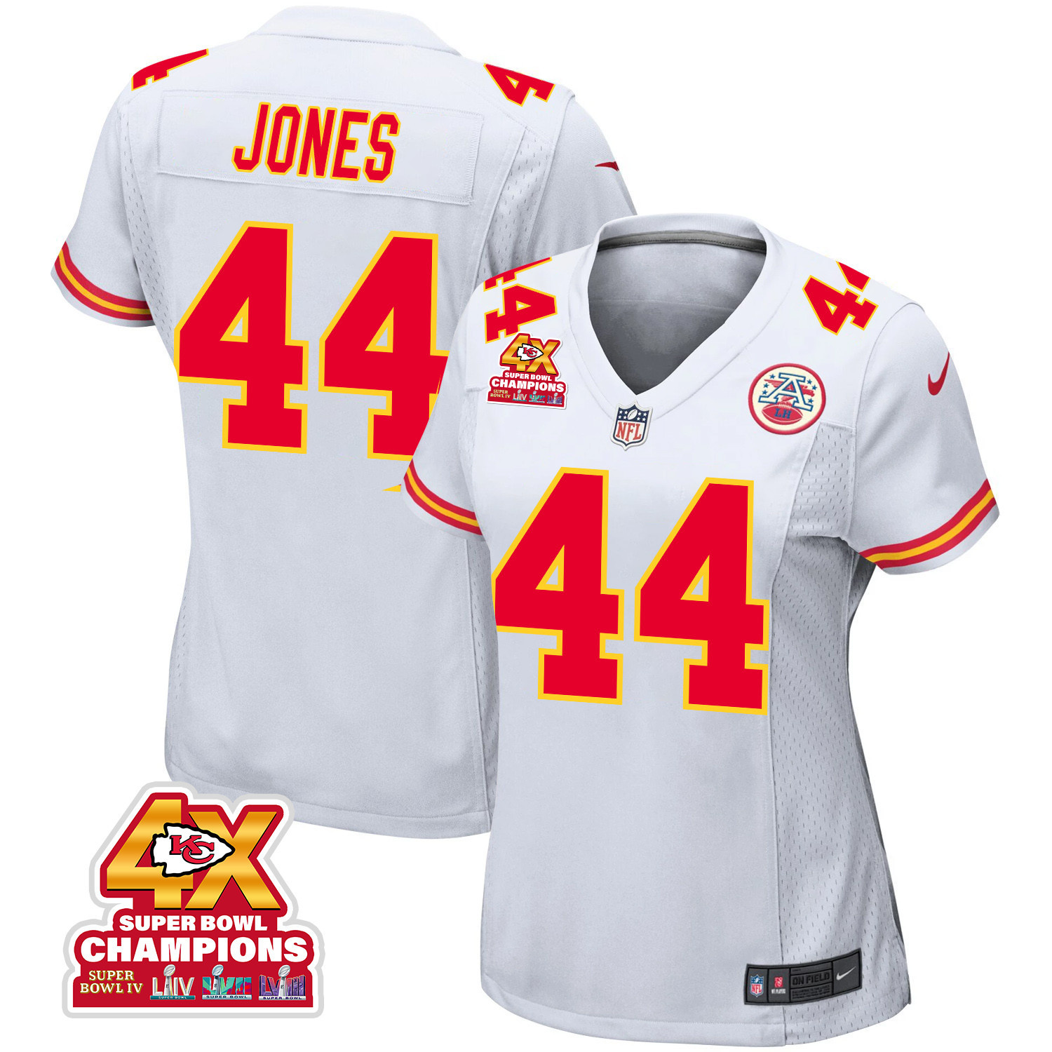 Cam Jones 44 Kansas City Chiefs Super Bowl Lviii Champions 4x Game Women Jersey - White Js5008