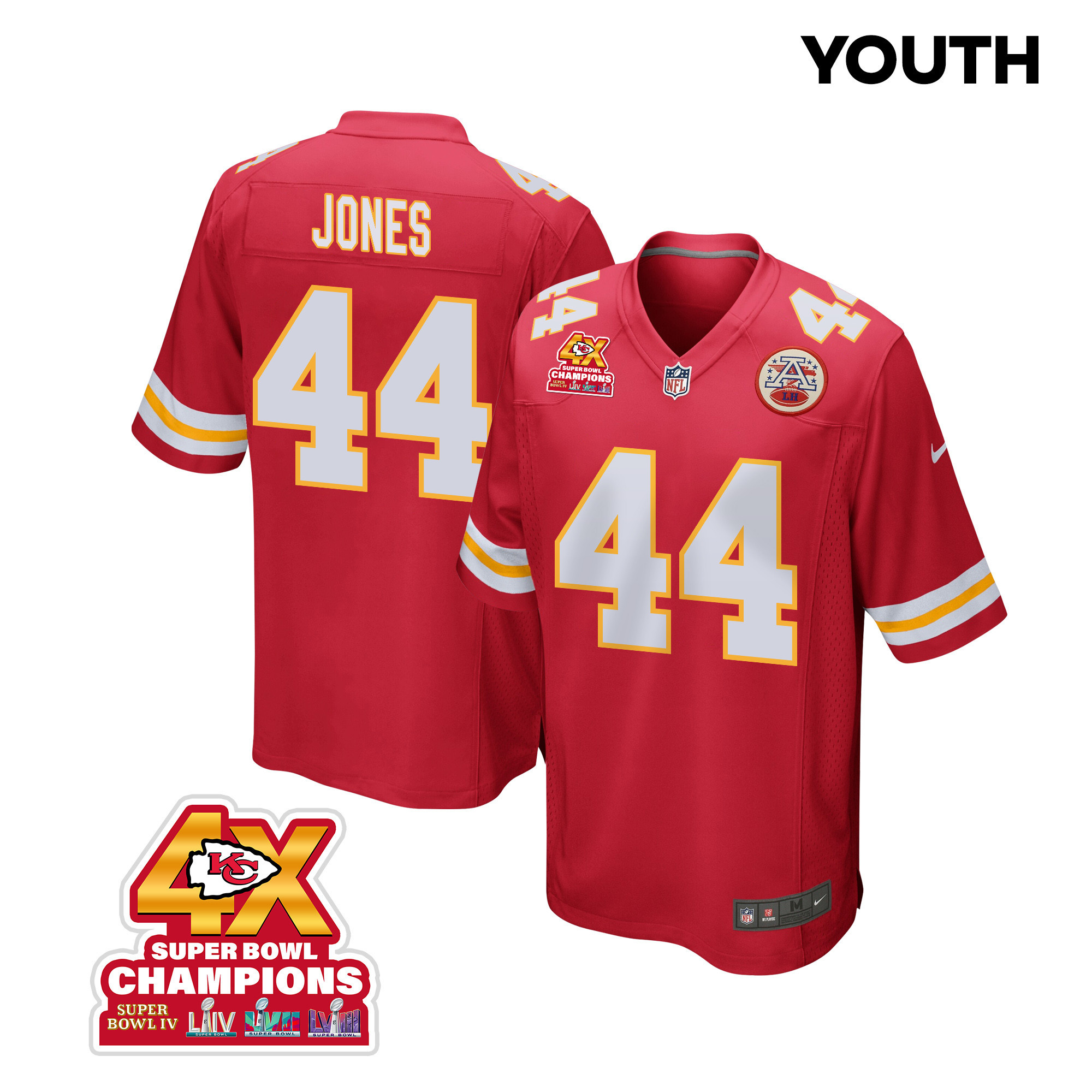 Cam Jones 44 Kansas City Chiefs Super Bowl Lviii Champions 4x Game Youth Jersey - Red Js5281