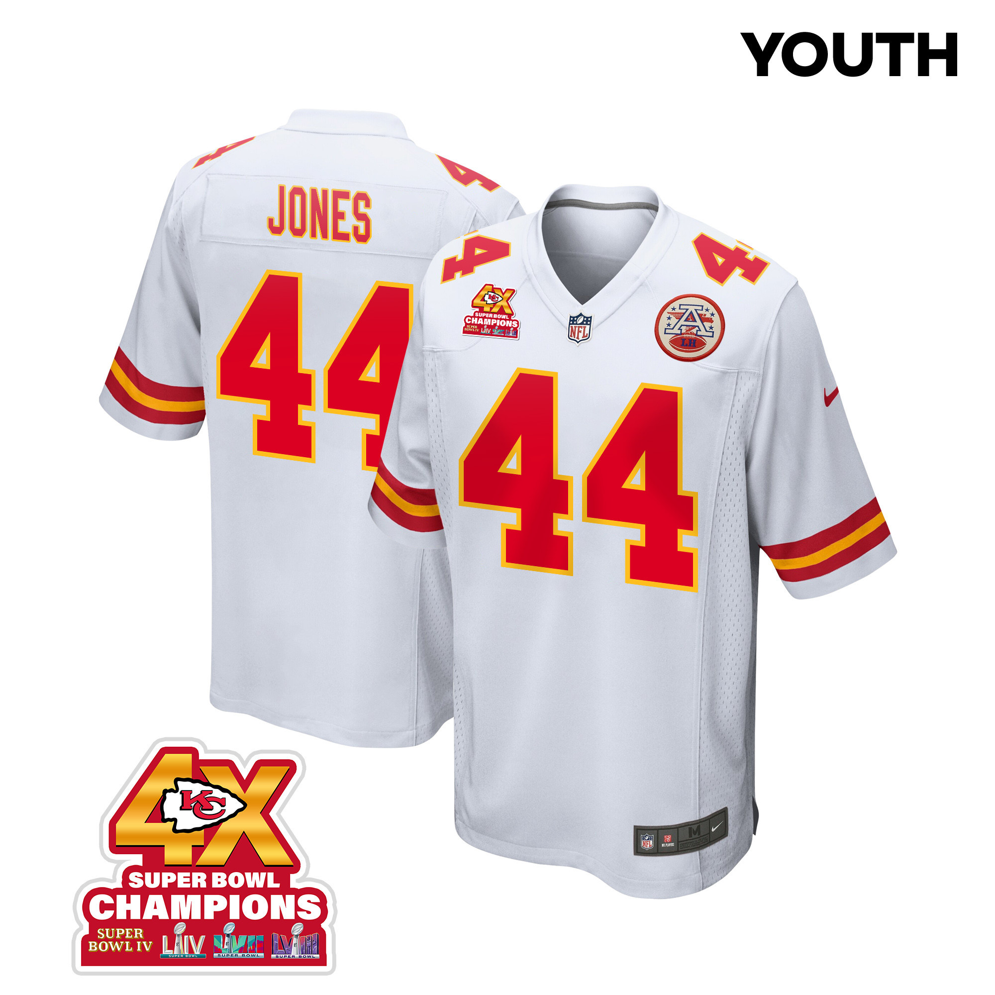 Cam Jones 44 Kansas City Chiefs Super Bowl Lviii Champions 4x Game Youth Jersey - White Js4420