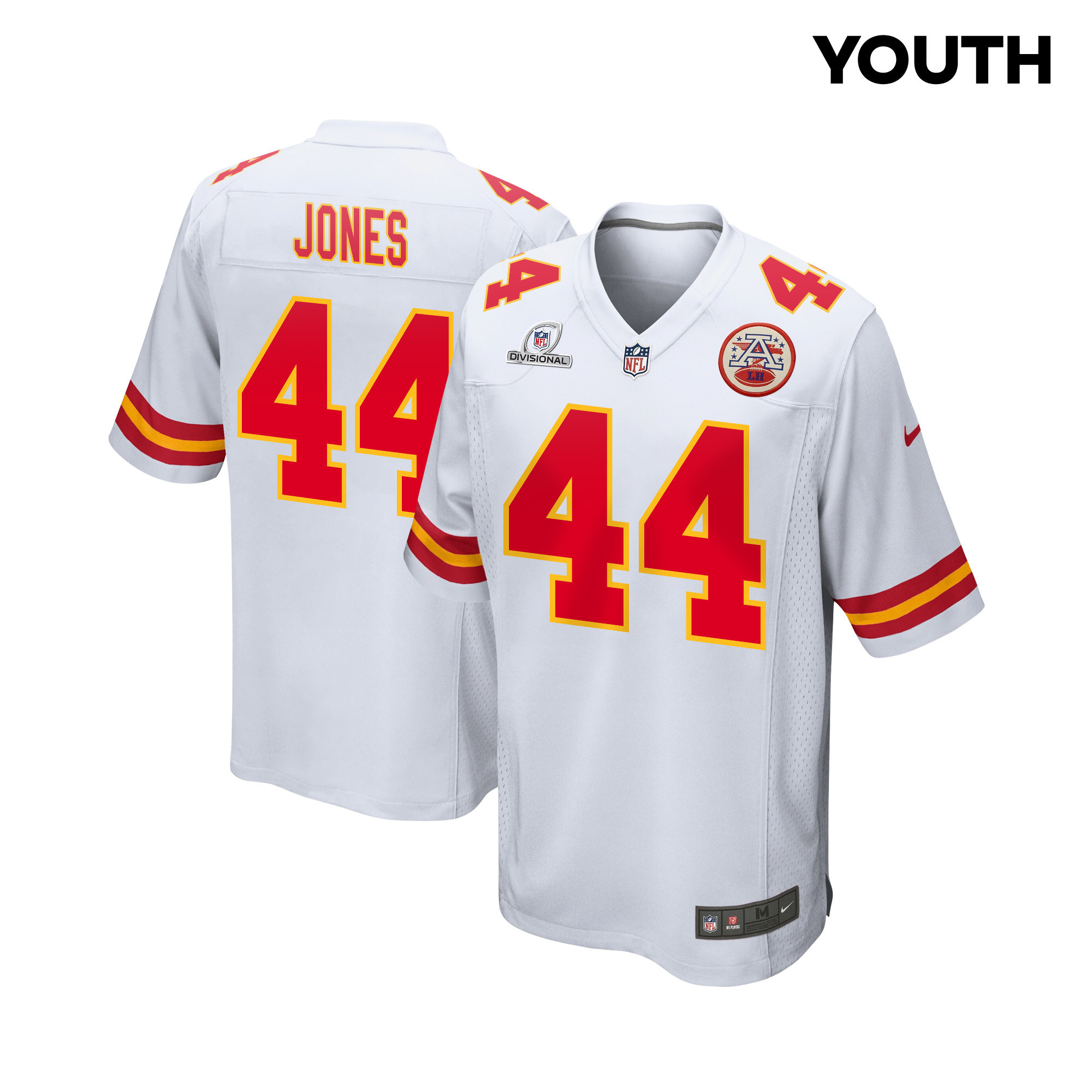 Cam Jones 44 Kansas City Chiefs Super Bowl Lviii Patch Game Youth Jersey - White Js1281
