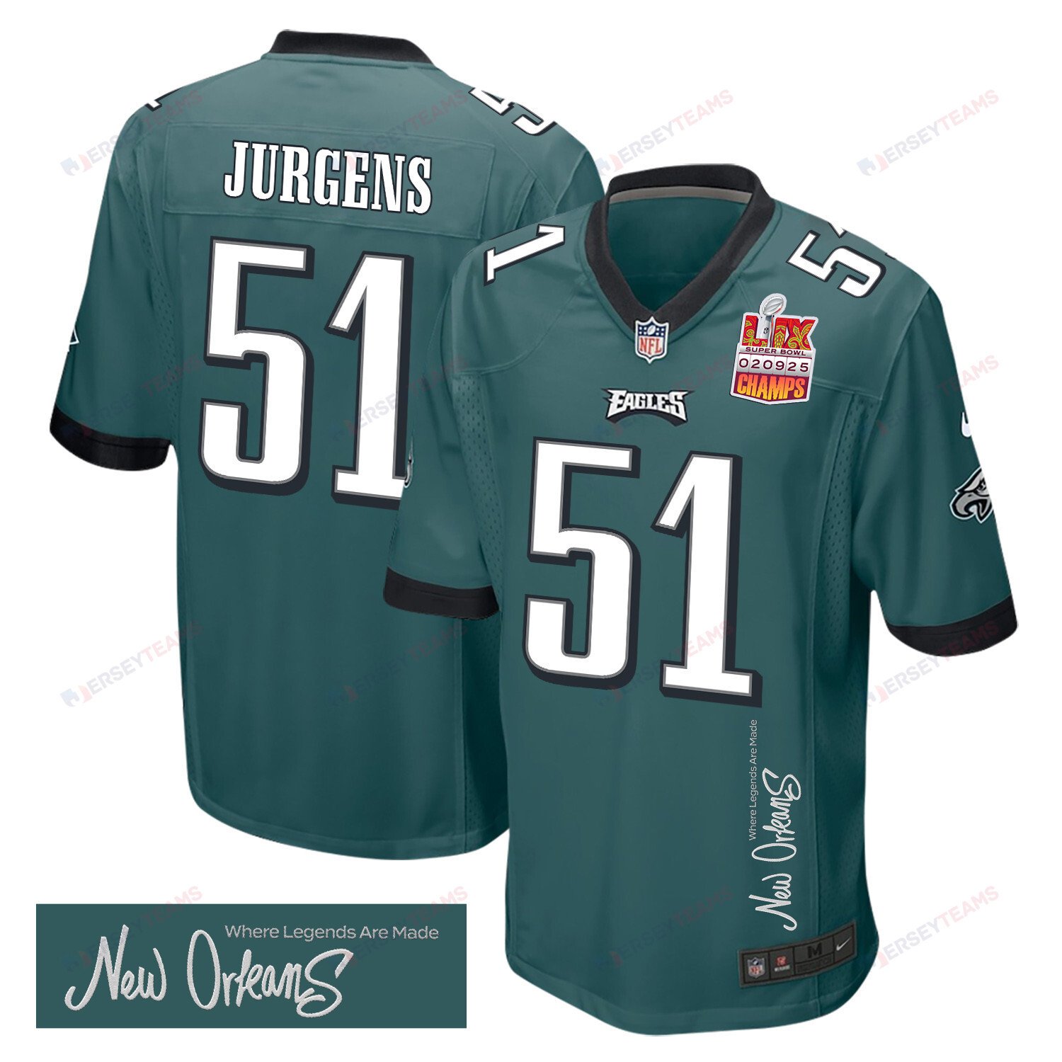 Cam Jurgens 51 Philadelphia Eagles Super Bowl Lix Champions Patch 'new Orleans - Where Legends Are Made' Embroidered Game Men Jersey - Midnight Green Js6507