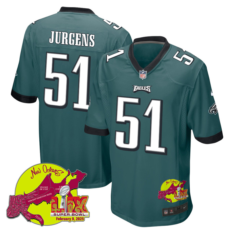 Cam Jurgens 51 Philadelphia Eagles Super Bowl Lix New Orleans Patch Game Men Jersey - Midnight Green Js5859