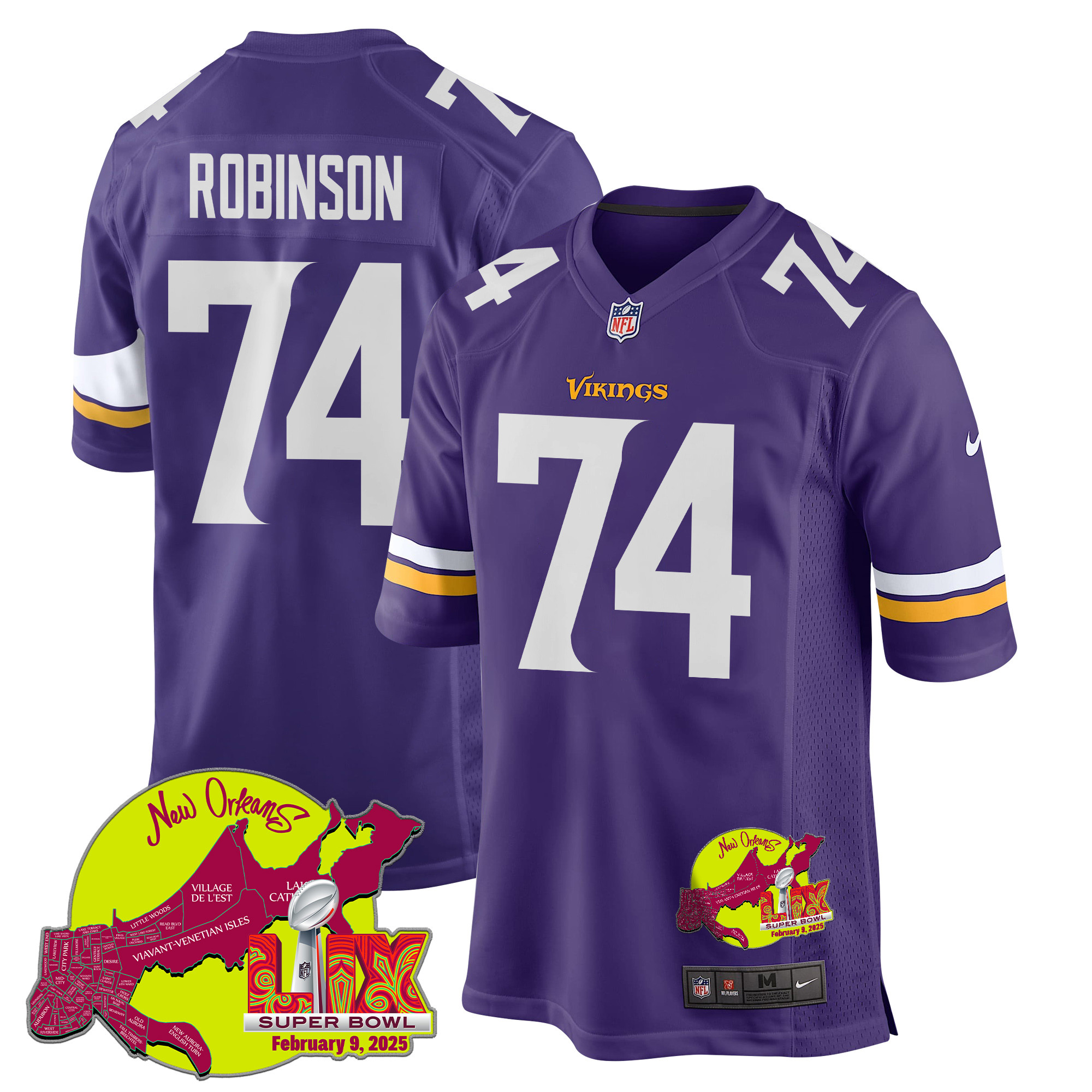 Cam Robinson 74 Minnesota Vikings Super Bowl Lix New Orleans Patch Game Men Jersey - Purple Js6223