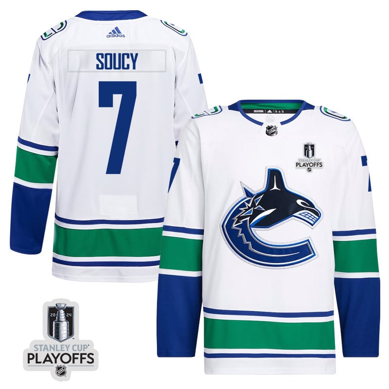 Carson Soucy 7 Vancouver Canucks 2024 Nhl Playoffs Patch Away Jersey - Men, White