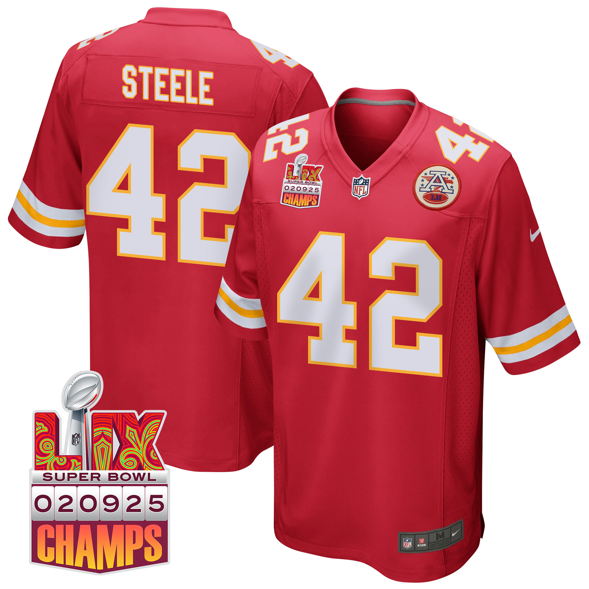 Carson Steele 42 Kansas City Chiefs Super Bowl Lix Champions Patch Game Men Jersey - Red Js3032