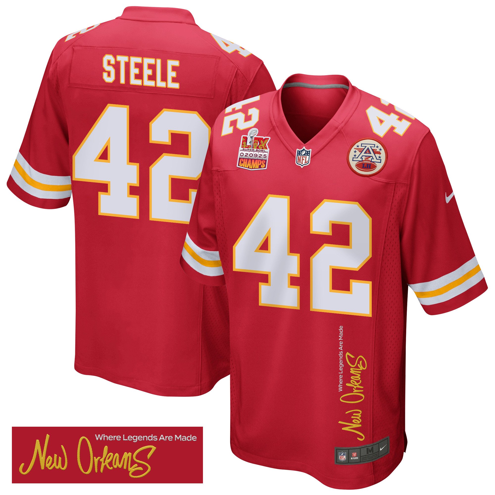 Carson Steele 42 Kansas City Chiefs Super Bowl Lix Champions Patch 'new Orleans - Where Legends Are Made' Embroidered Game Men Jersey - Red Js7615