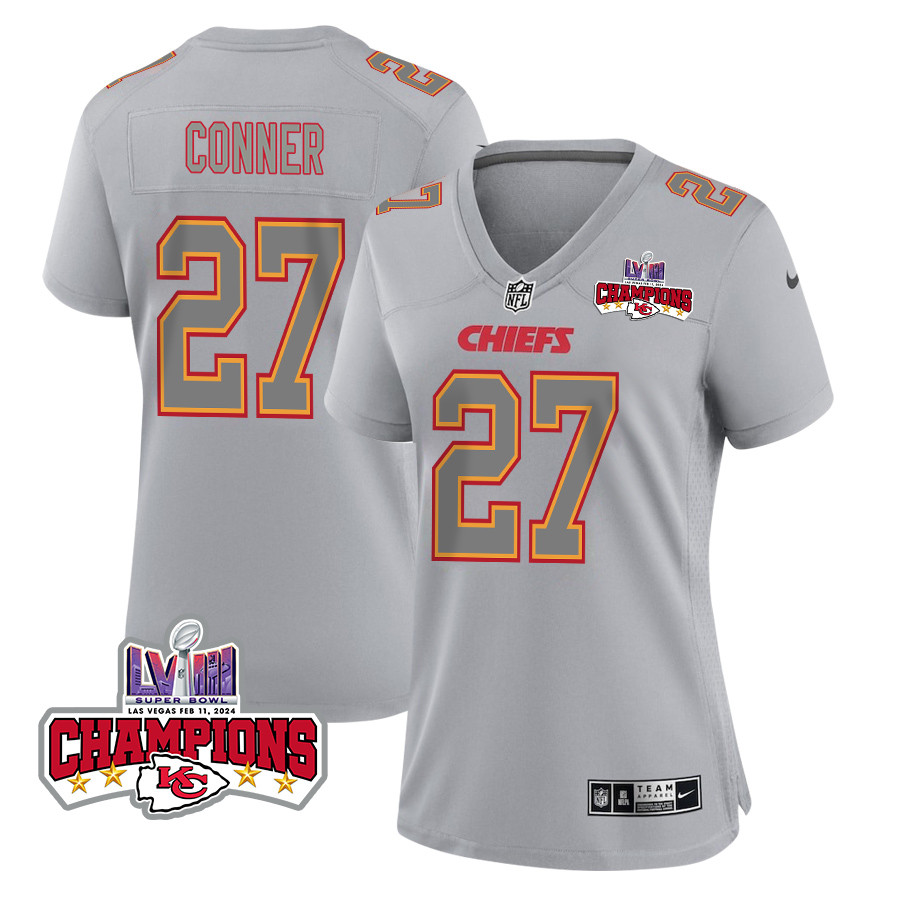 Chamarri Conner 27 Kansas City Chiefs Super Bowl Lviii Champions 4 Stars Patch Atmosphere Fashion Game Women Jersey - Gray Js5488