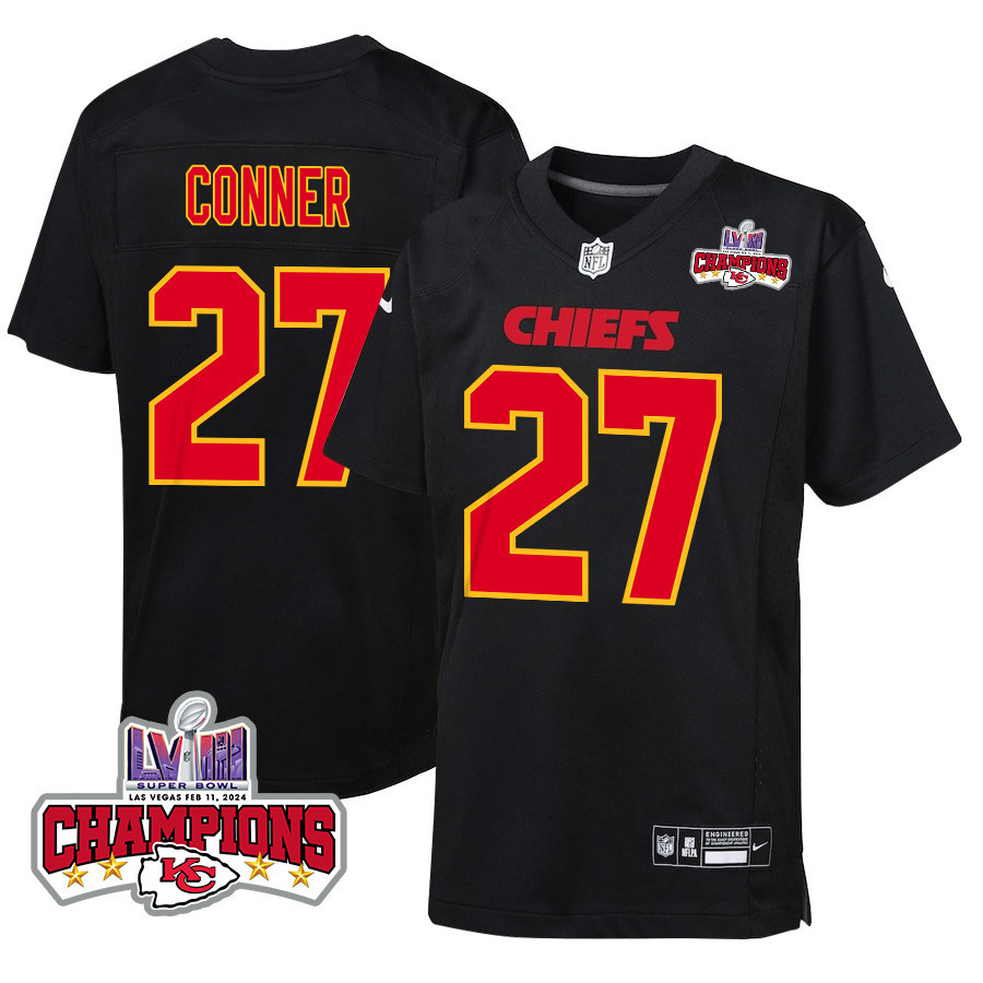 Chamarri Conner 27 Kansas City Chiefs Super Bowl Lviii Champions 4 Stars Patch Fashion Game Youth Jersey - Carbon Black Js6582