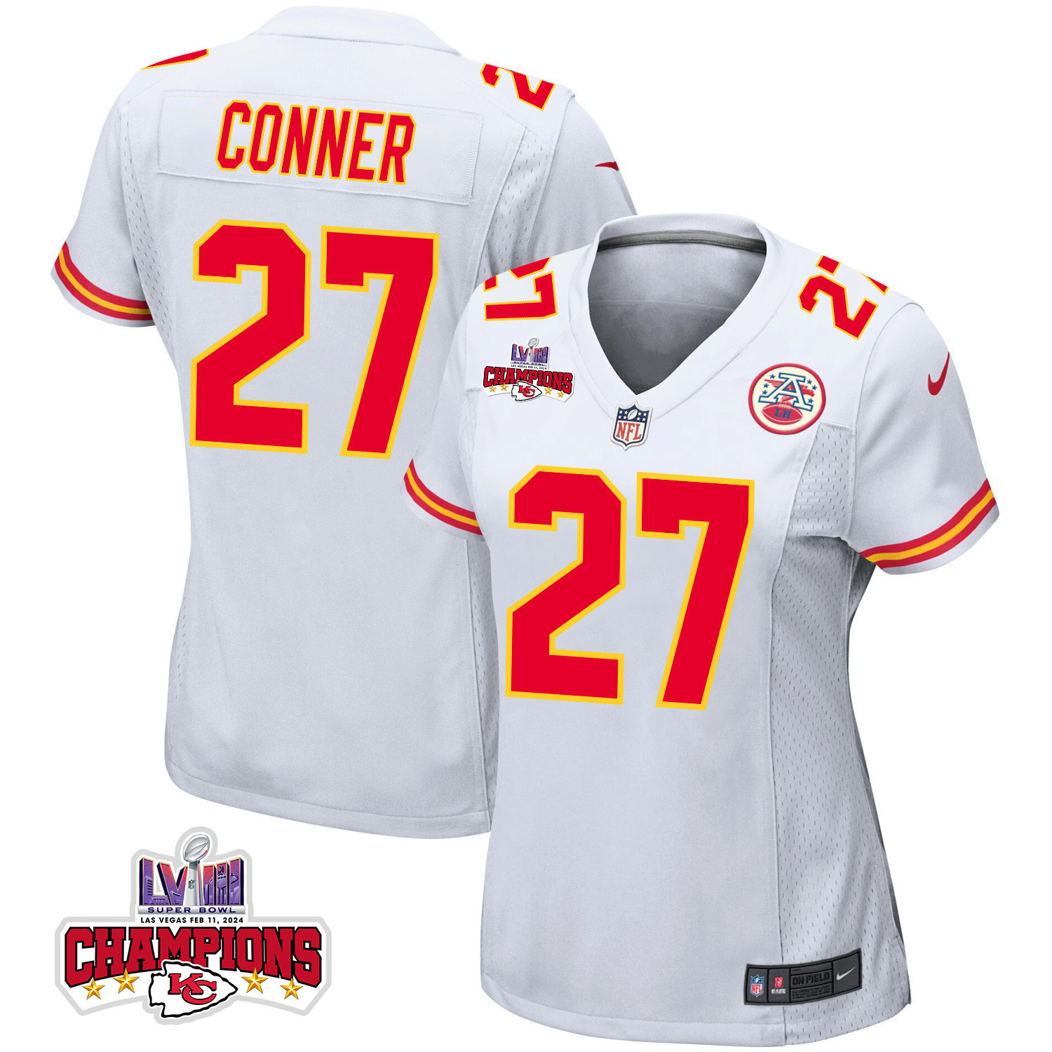 Chamarri Conner 27 Kansas City Chiefs Super Bowl Lviii Champions 4 Stars Patch Game Women Jersey - White Js5578