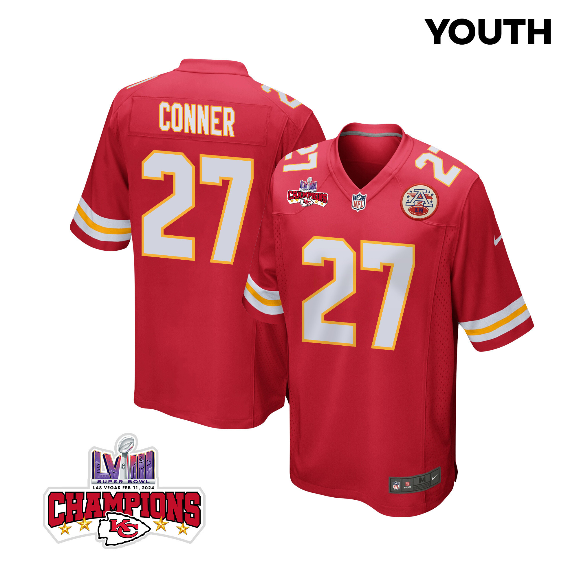 Chamarri Conner 27 Kansas City Chiefs Super Bowl Lviii Champions 4 Stars Patch Game Youth Jersey - Red Js9717